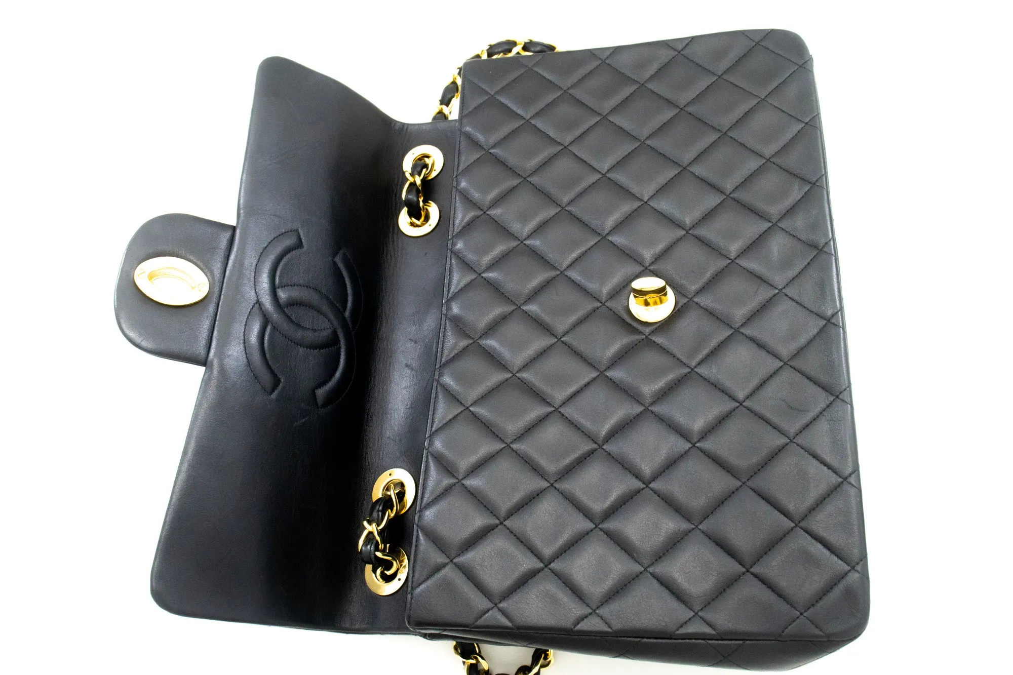 CHANEL Classic Large 13" Flap Chain Shoulder Bag Black Lambskin e90