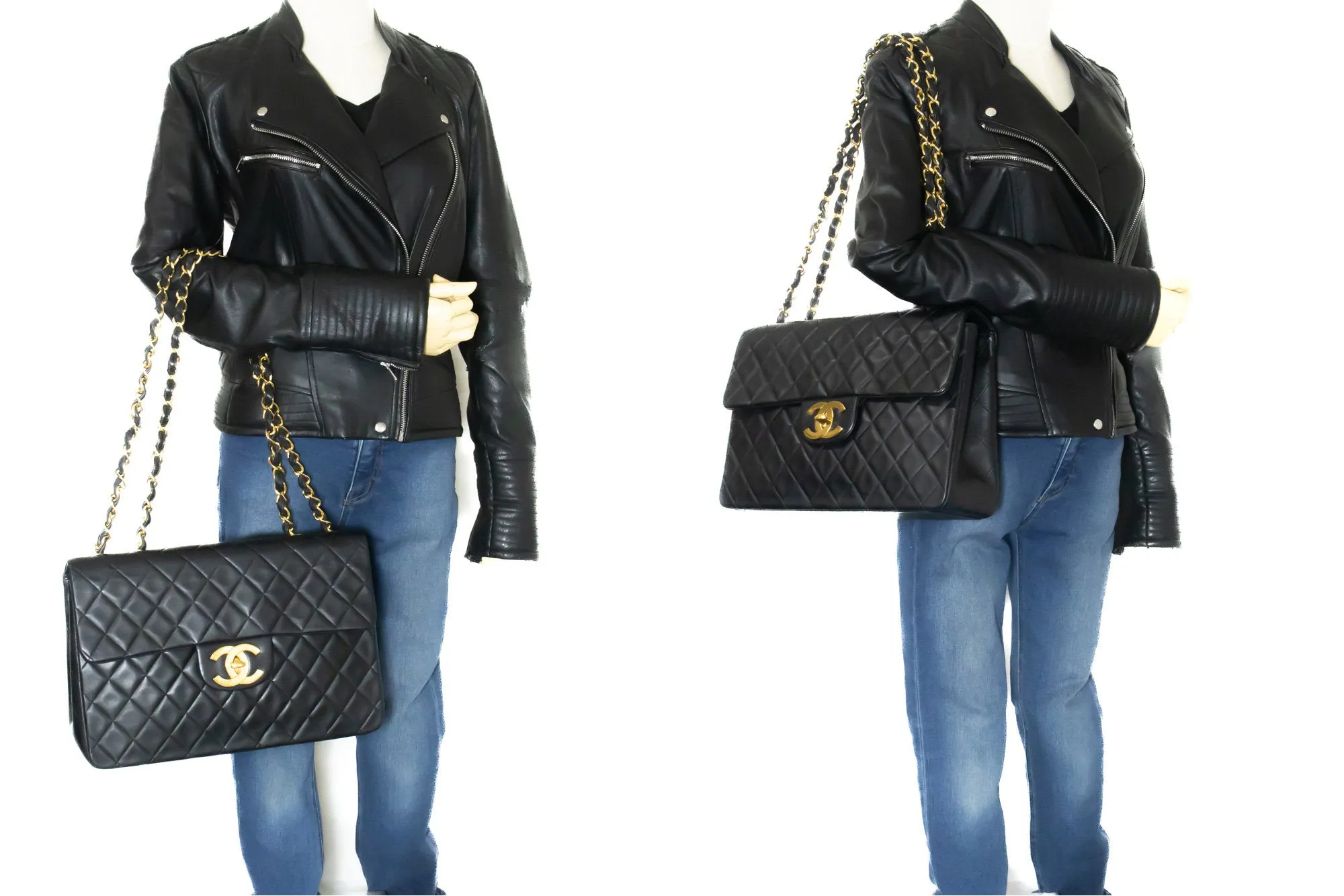CHANEL Classic Large 13" Flap Chain Shoulder Bag Black Lambskin e90