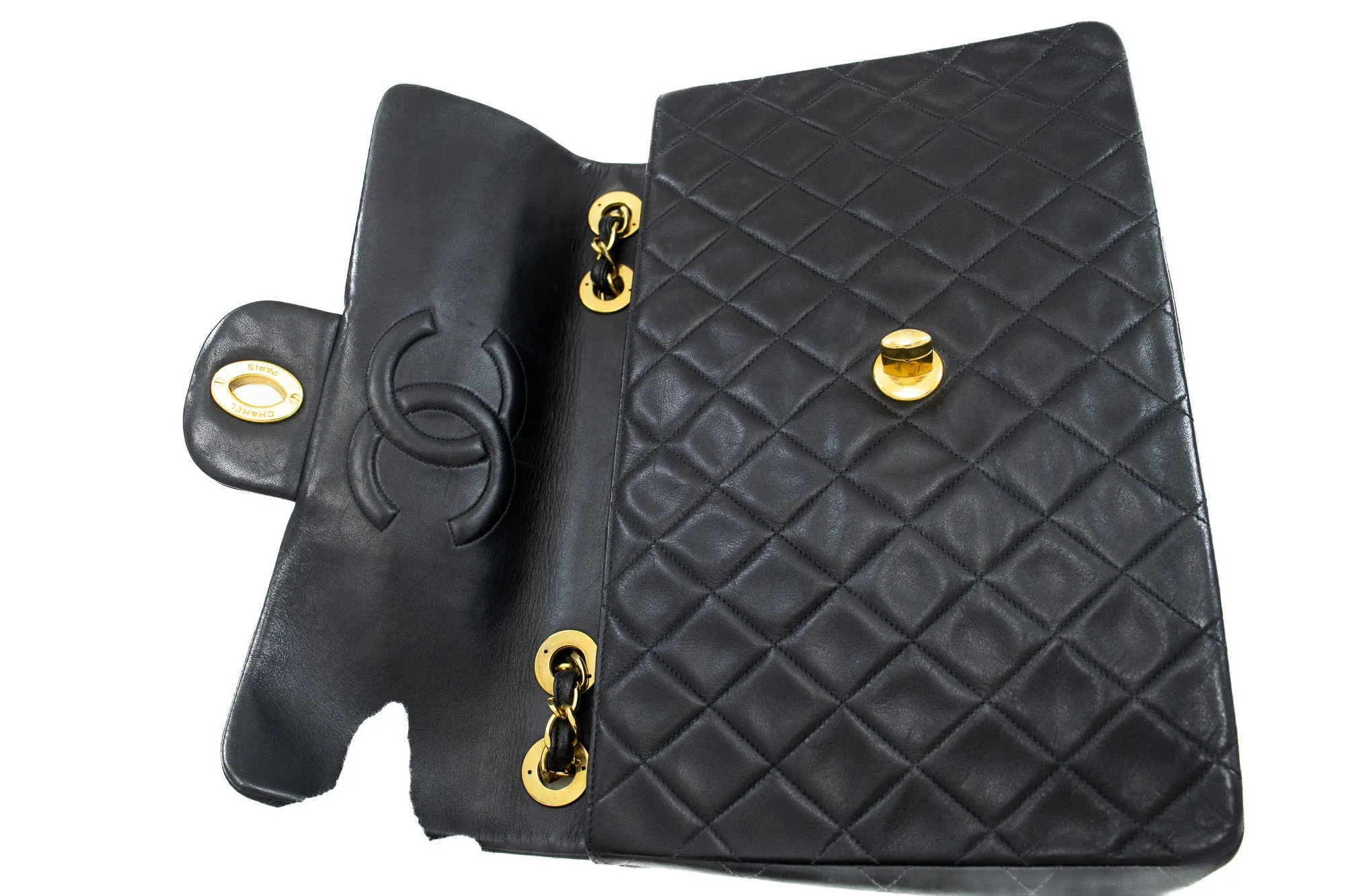 CHANEL Classic Large 13" Flap Chain Shoulder Bag Black Lambskin j71
