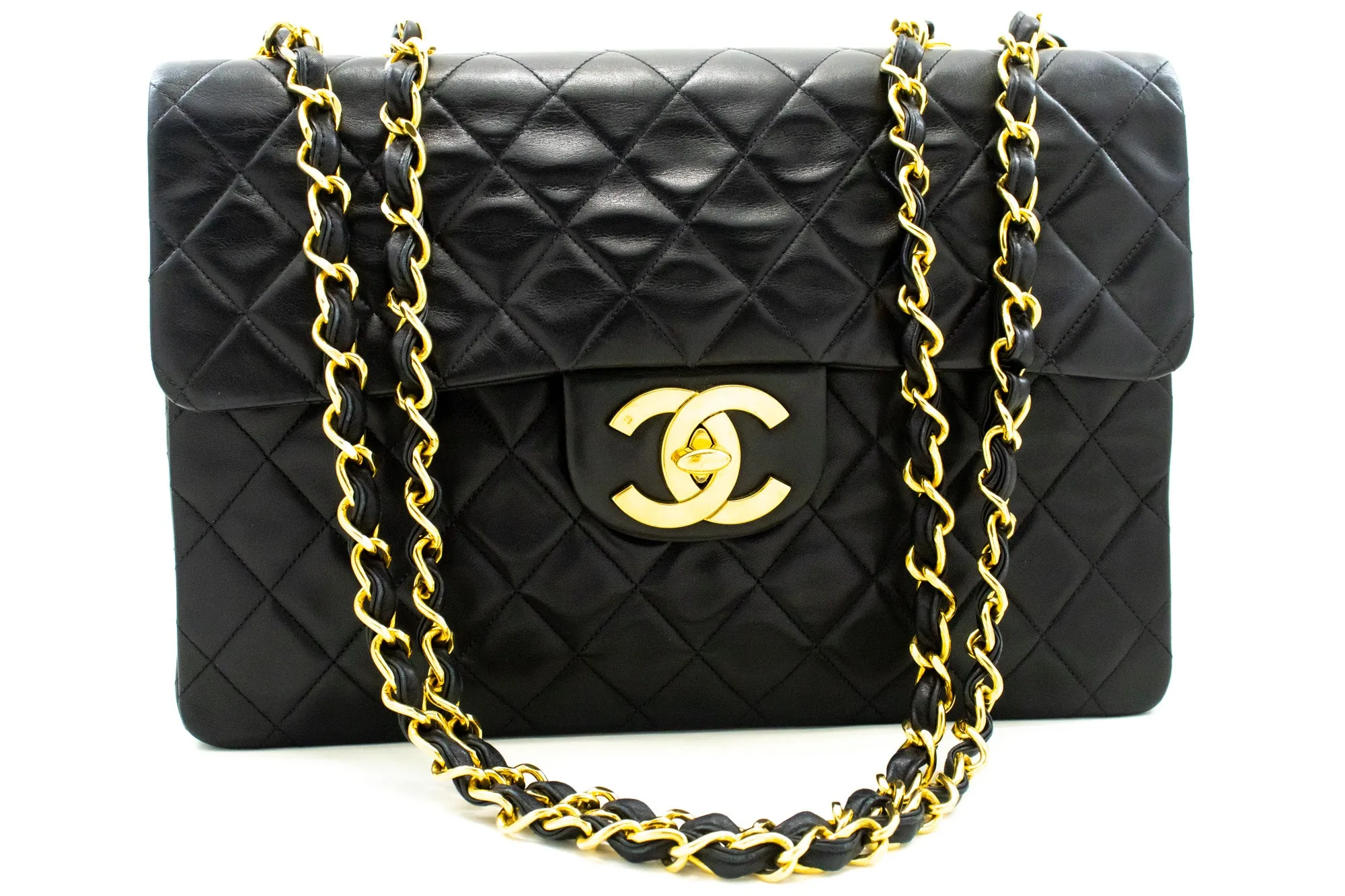 CHANEL Classic Large 13" Flap Chain Shoulder Bag Black Lambskin m12