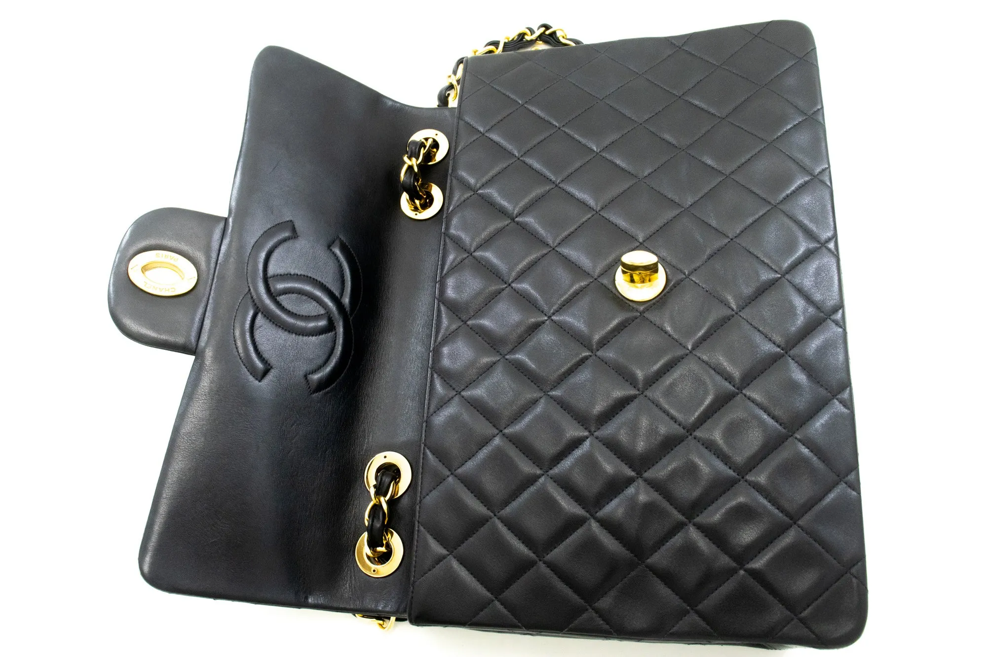 CHANEL Classic Large 13" Flap Chain Shoulder Bag Black Lambskin m12