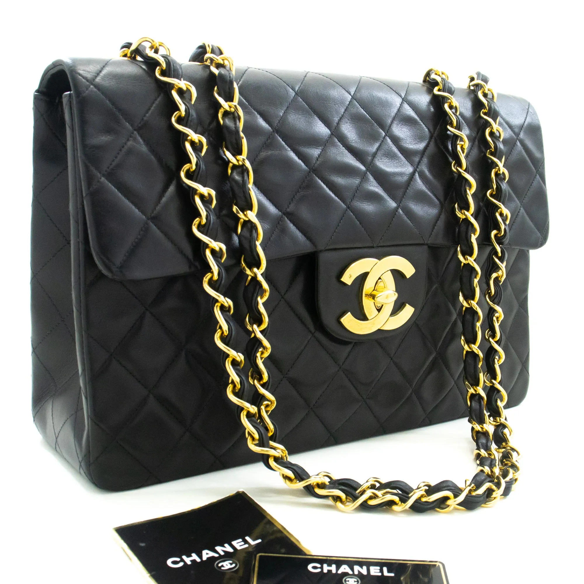 CHANEL Classic Large 13" Flap Chain Shoulder Bag Black Lambskin m12
