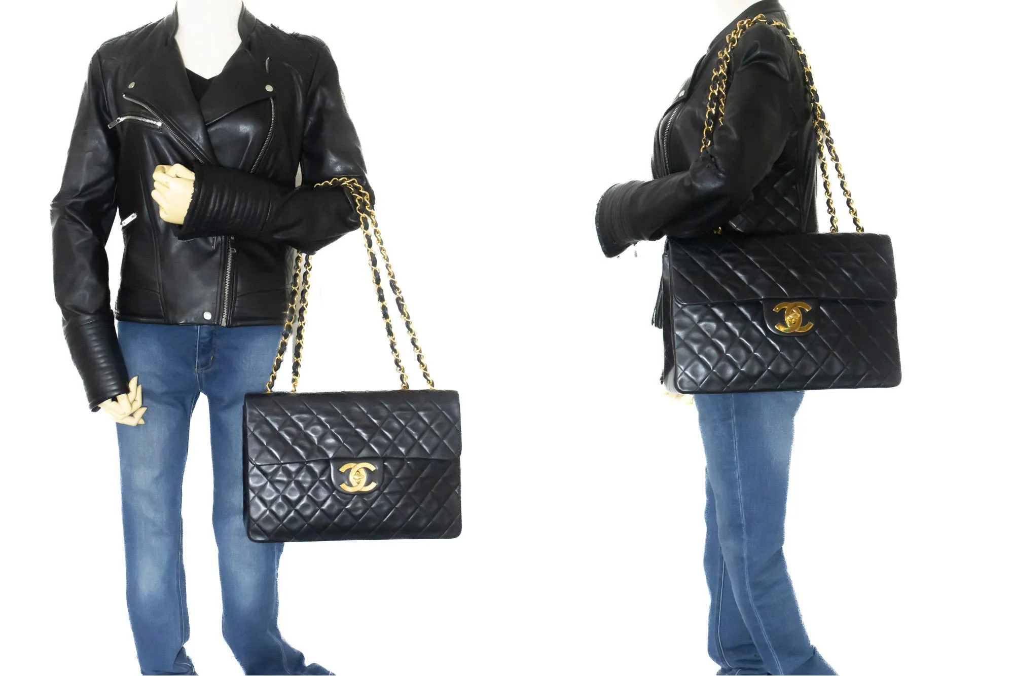 CHANEL Classic Large 13" Flap Chain Shoulder Bag Black Lambskin m12