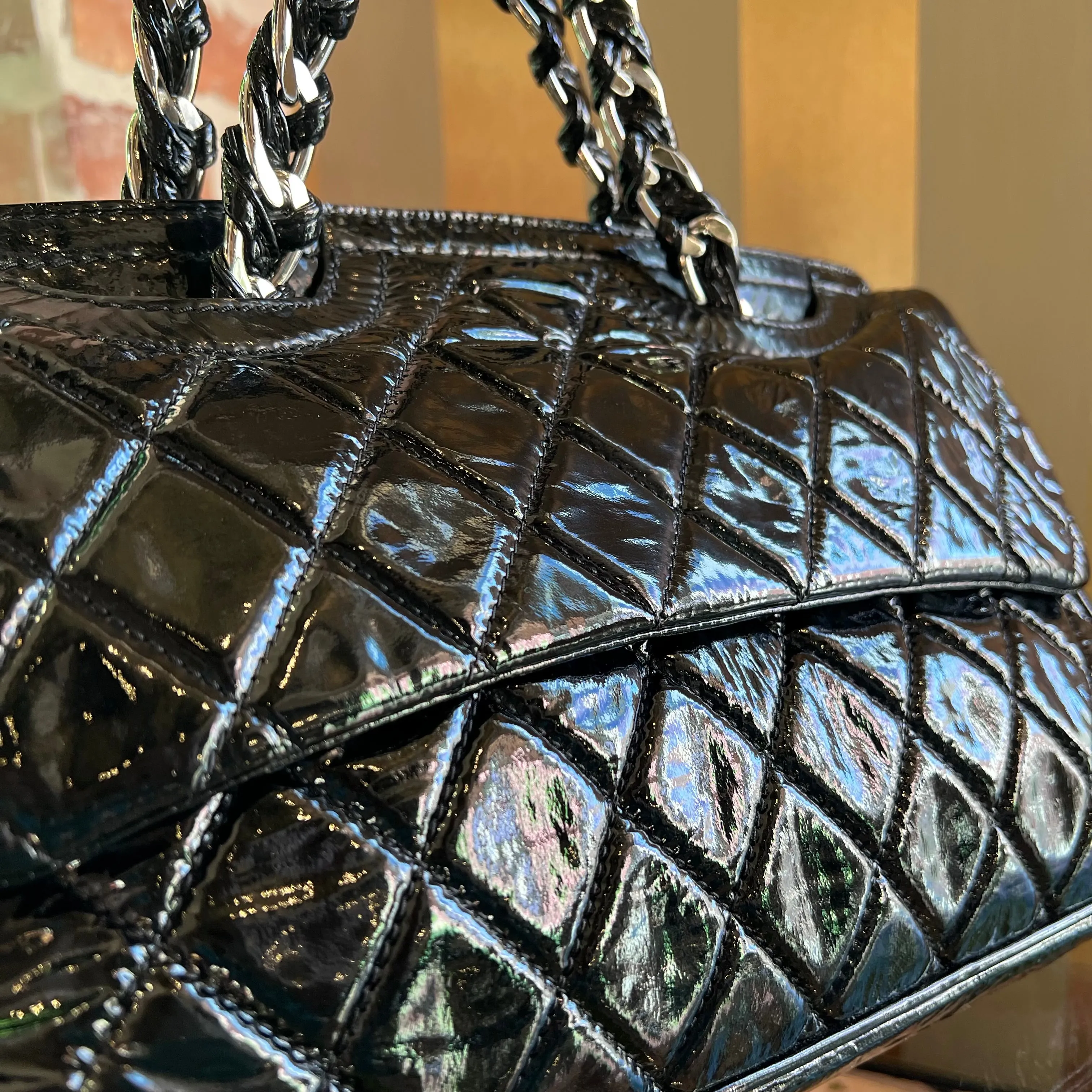 CHANEL Day Glo Double-sided Flap Black Patent Leather Shoulder Bag