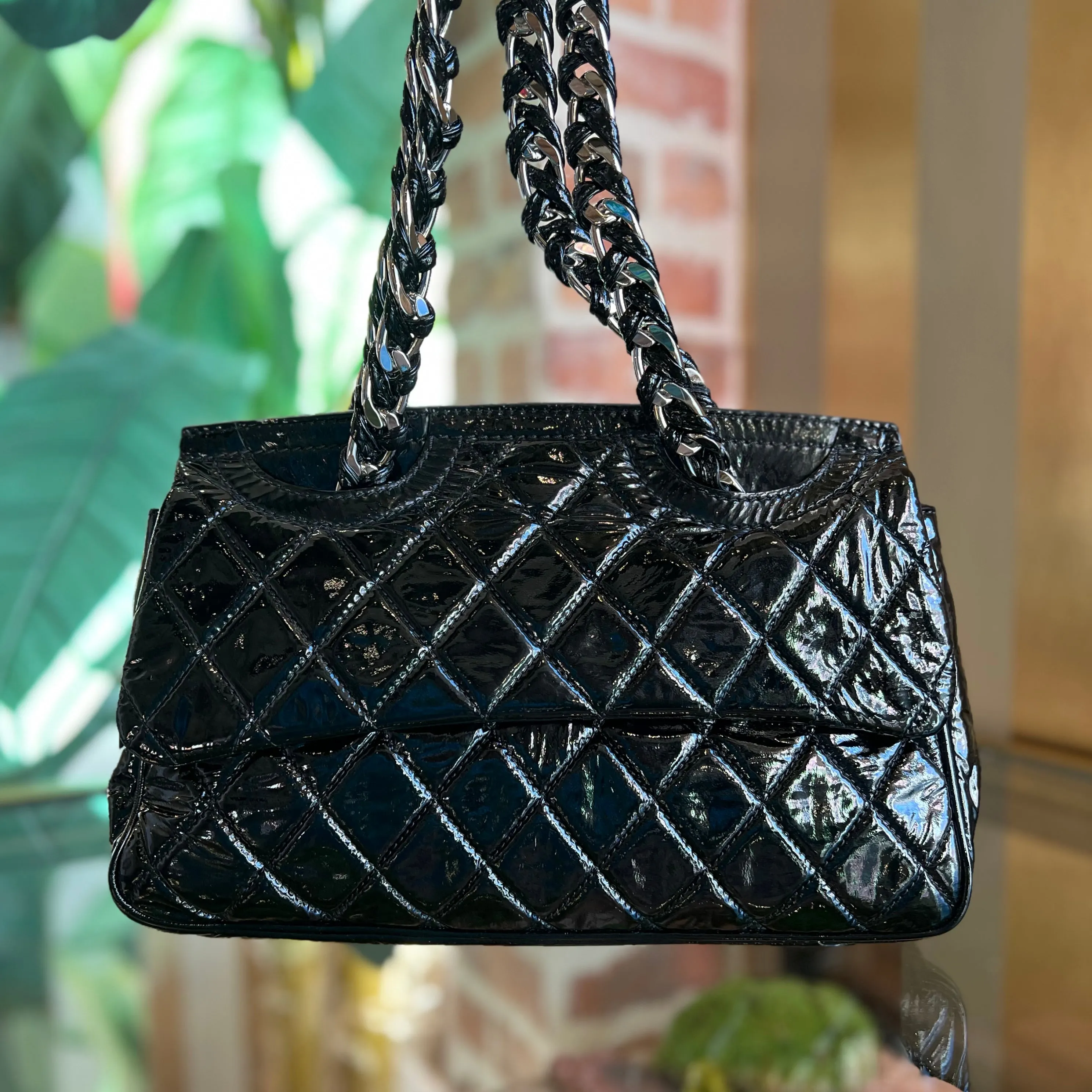 CHANEL Day Glo Double-sided Flap Black Patent Leather Shoulder Bag