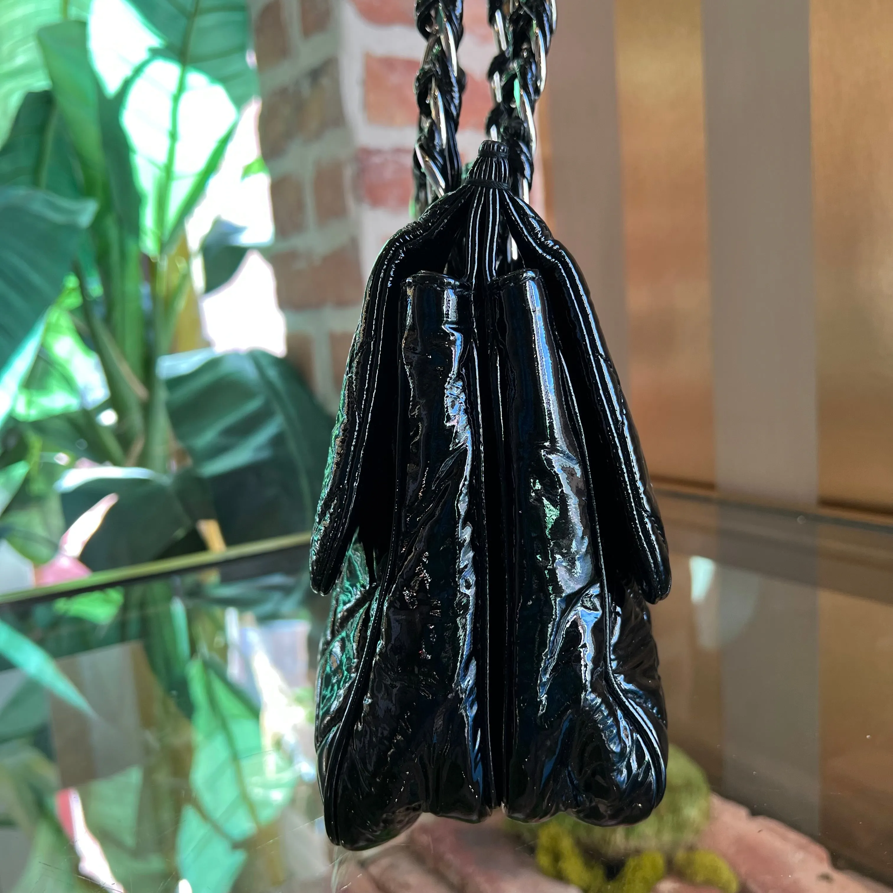 CHANEL Day Glo Double-sided Flap Black Patent Leather Shoulder Bag
