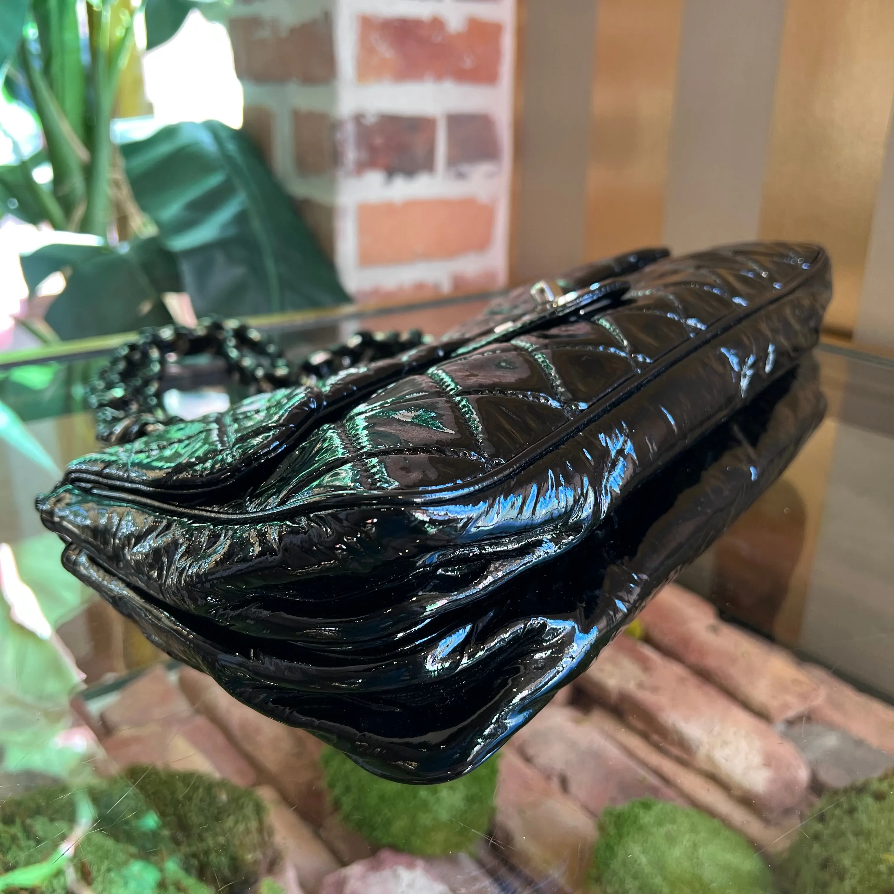 CHANEL Day Glo Double-sided Flap Black Patent Leather Shoulder Bag