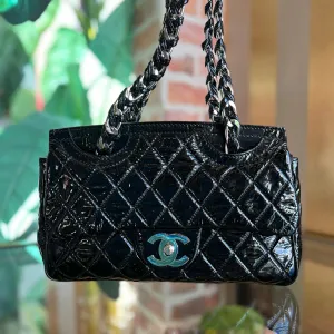 CHANEL Day Glo Double-sided Flap Black Patent Leather Shoulder Bag