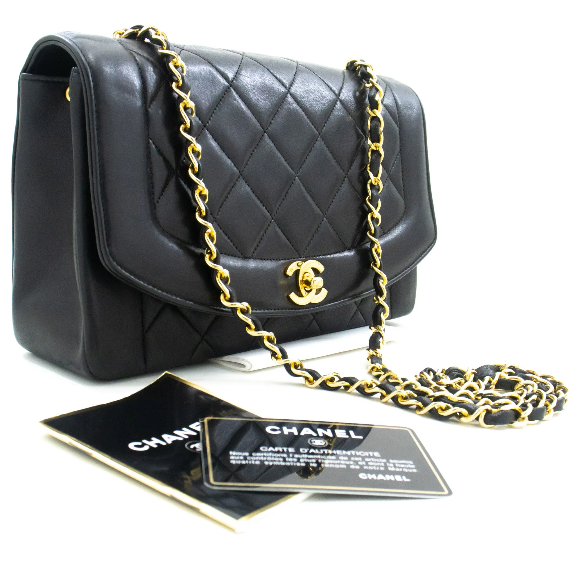 CHANEL Diana Flap Chain Shoulder Bag Black Quilted Lambskin Purse m10
