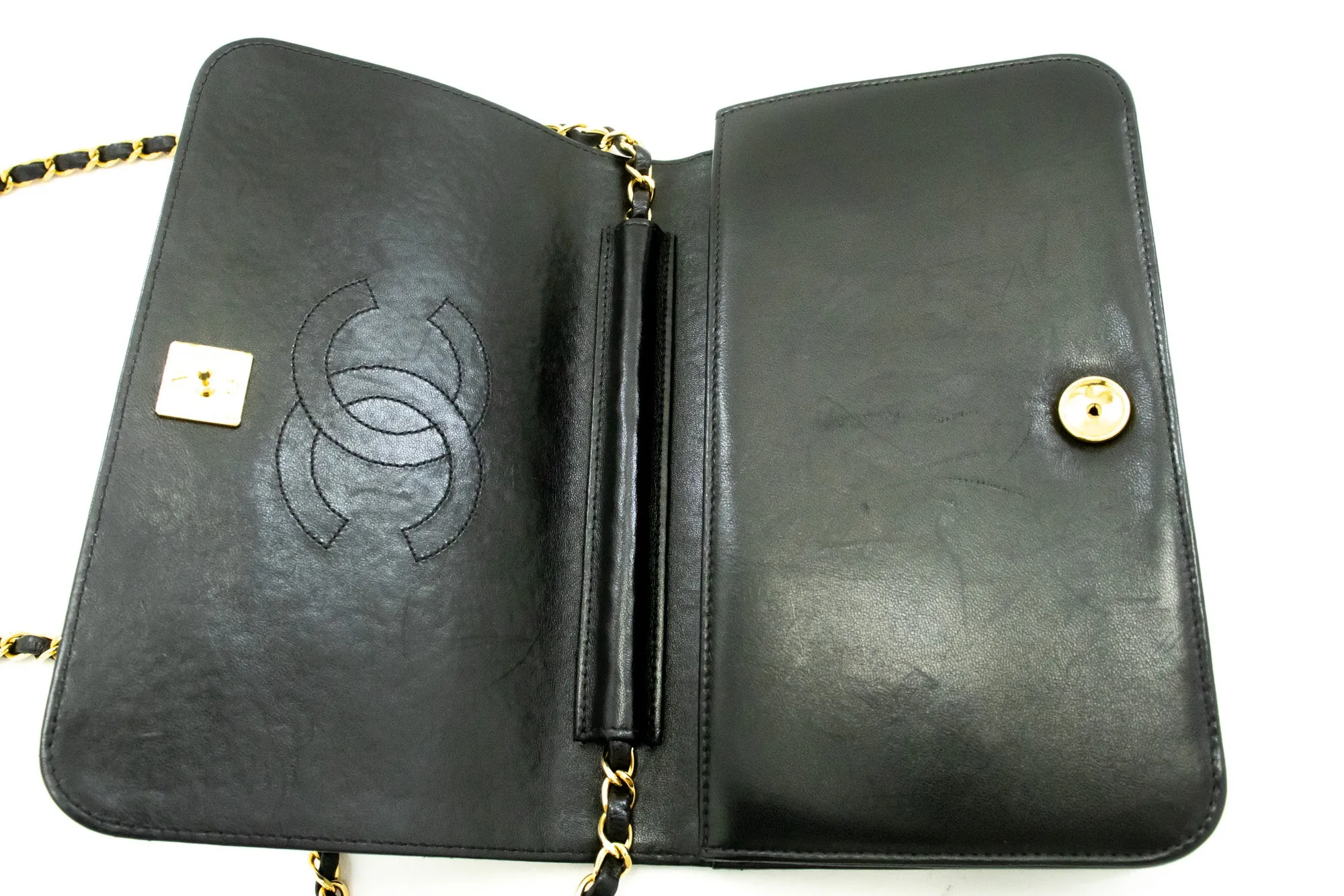 CHANEL Full Flap Chain Shoulder Bag Clutch Black Quilted Lambskin n43