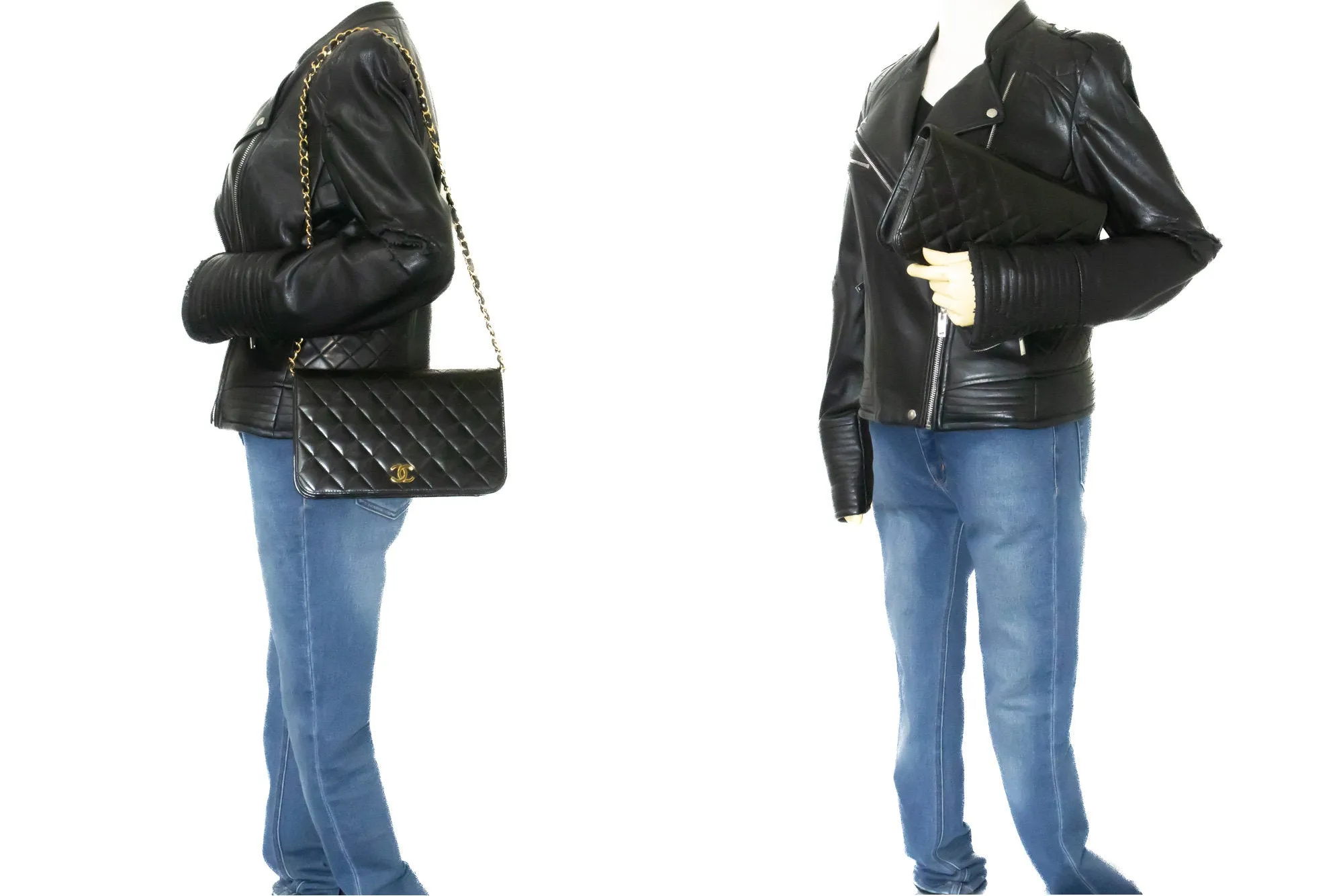 CHANEL Full Flap Chain Shoulder Bag Clutch Black Quilted Lambskin n43