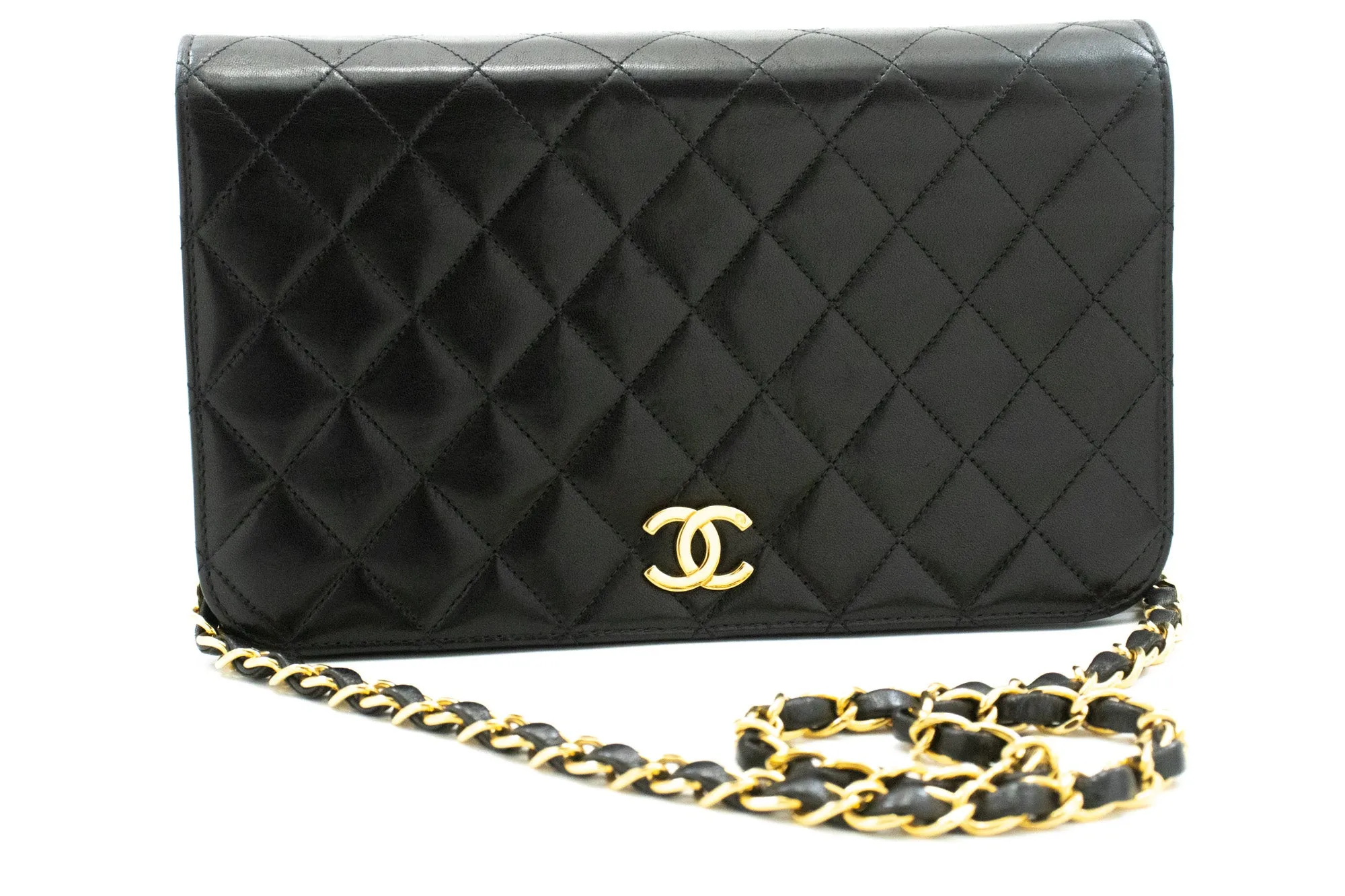 CHANEL Full Flap Chain Shoulder Bag Clutch Black Quilted Lambskin n43
