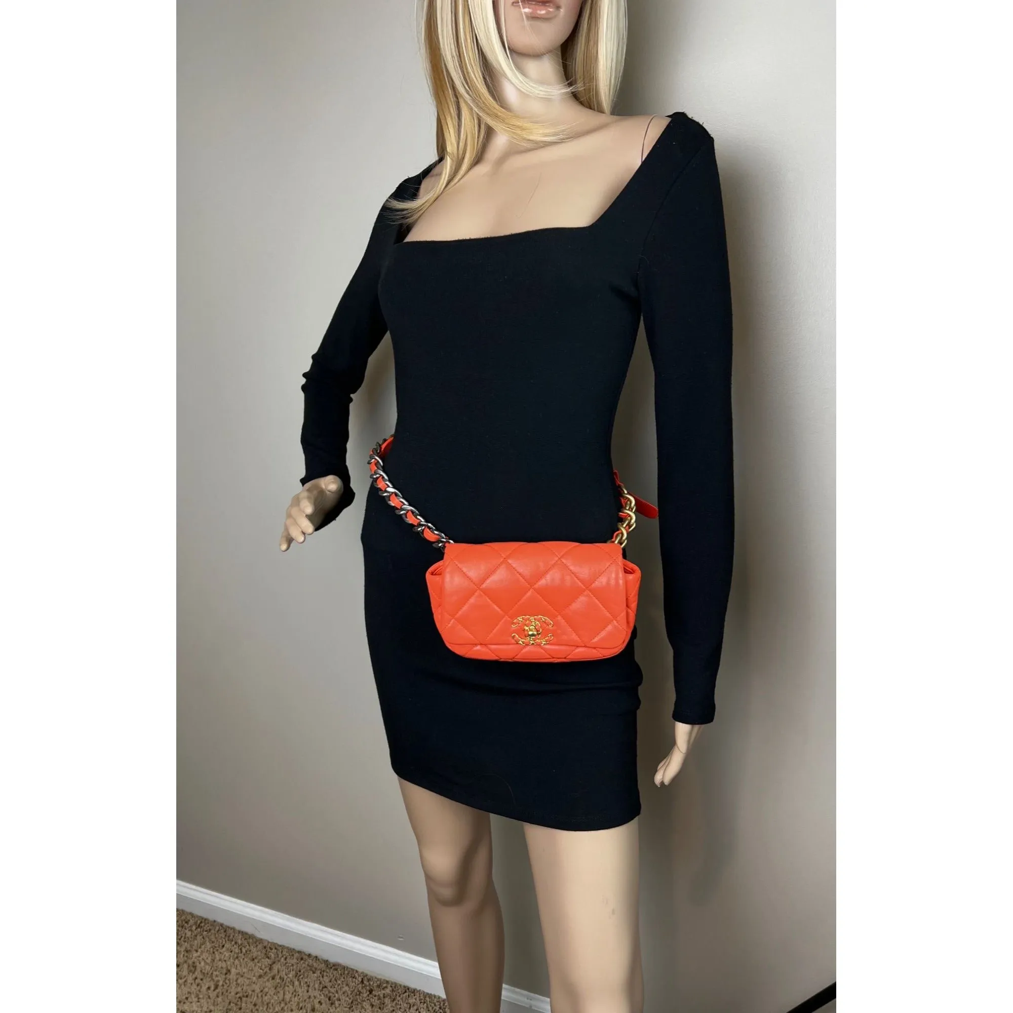 Chanel Goatskin Quilted Chanel 19 Waist Belt Bag Orange
