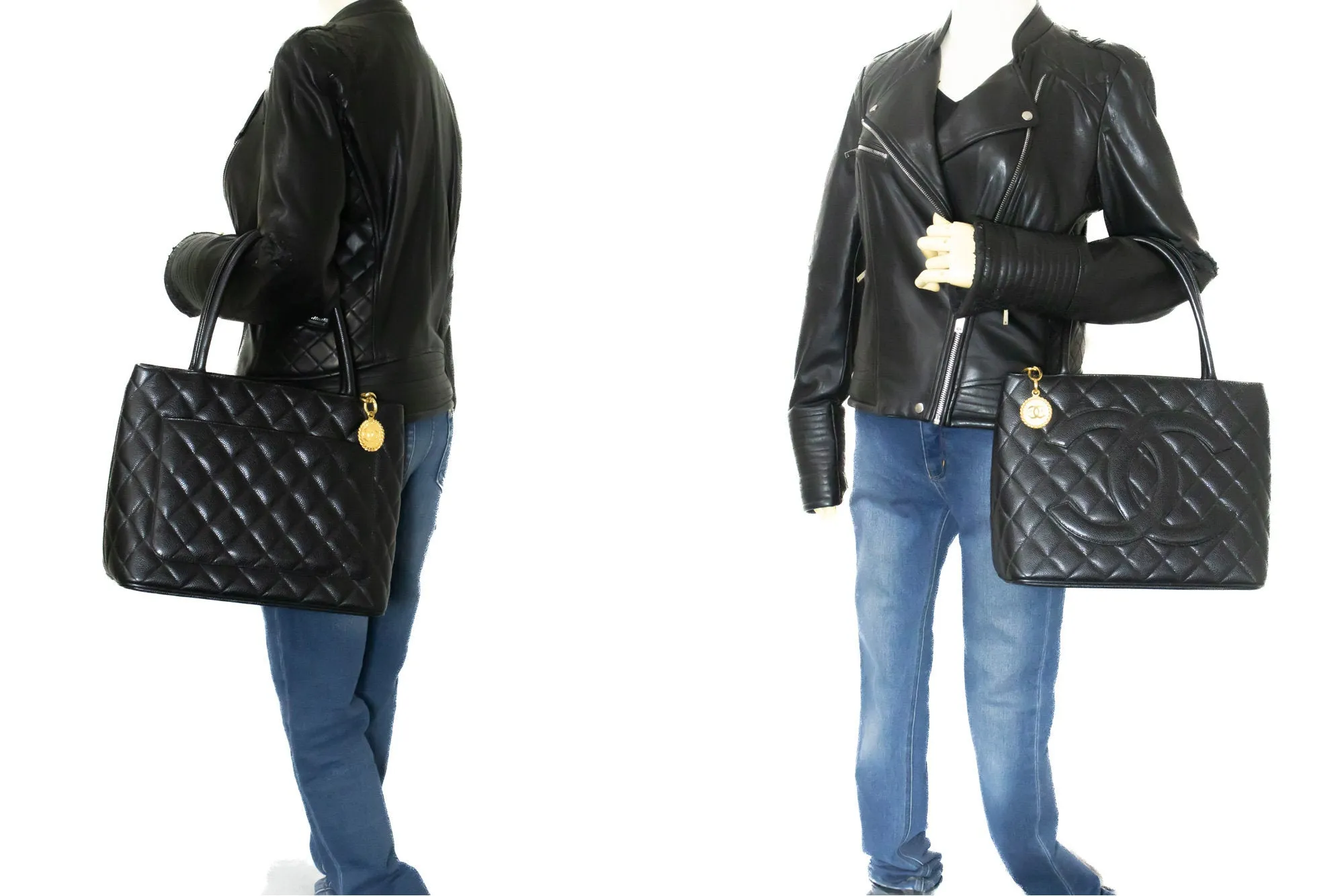 CHANEL Gold Medallion Caviar Shoulder Bag Grand Shopping Tote n56