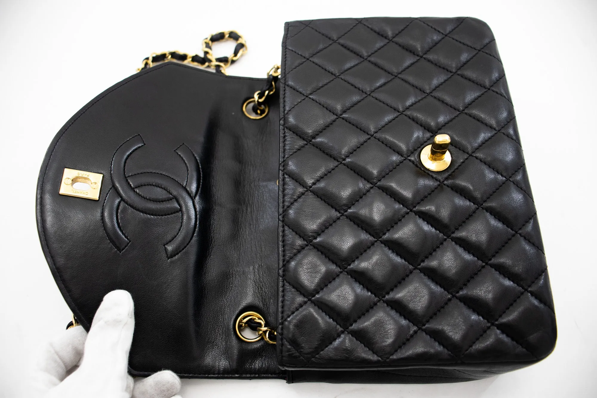 CHANEL Half Moon Chain Shoulder Bag Crossbody Black Quilted Flap j18