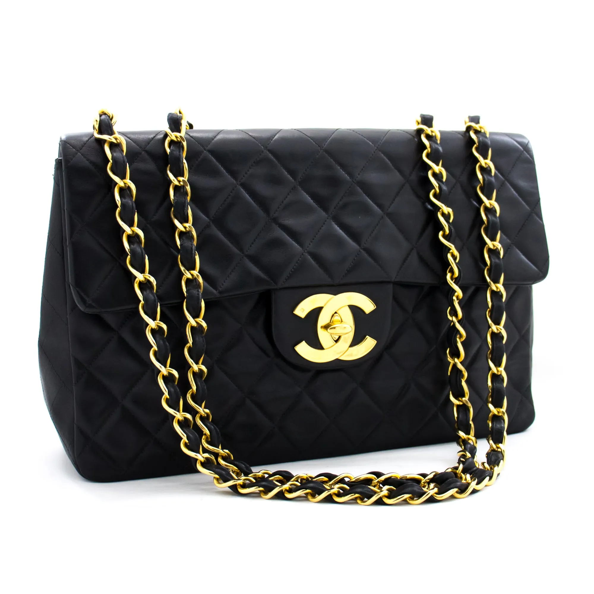 CHANEL Jumbo 13" Maxi 2.55 Flap Chain Shoulder Bag Black Lambskin d68
