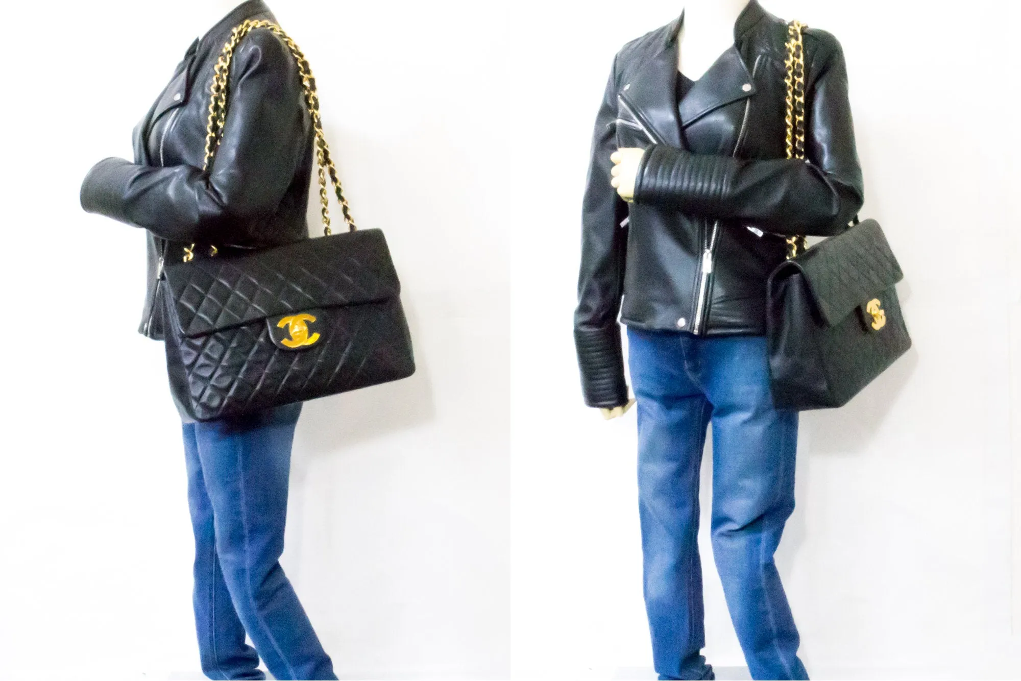 CHANEL Jumbo 13" Maxi 2.55 Flap Chain Shoulder Bag Black Lambskin d68