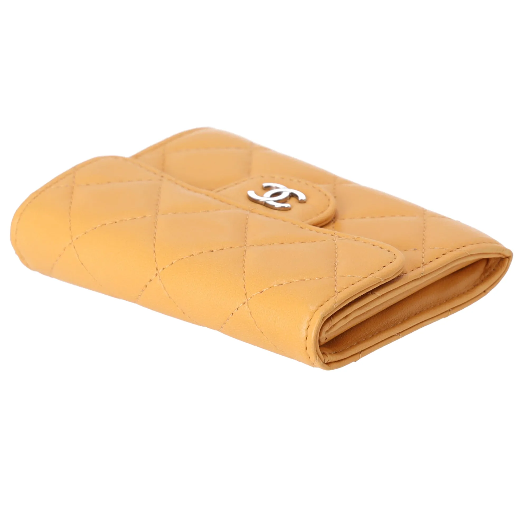 CHANEL Matelasse Business Card Holder Wallet Yellow Lambskin