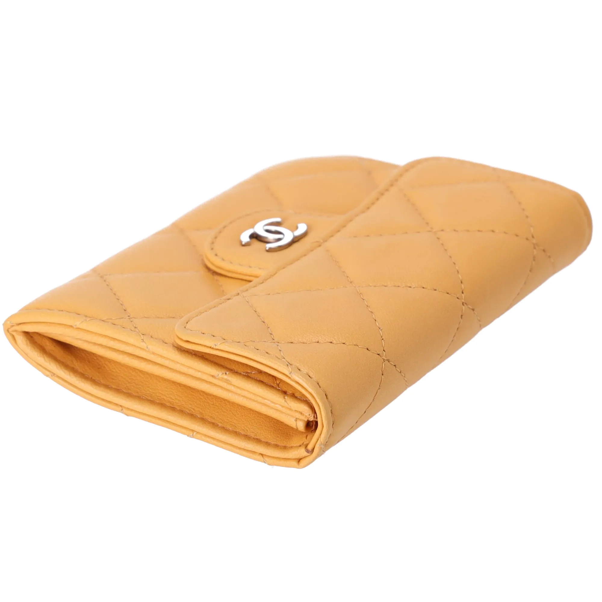 CHANEL Matelasse Business Card Holder Wallet Yellow Lambskin