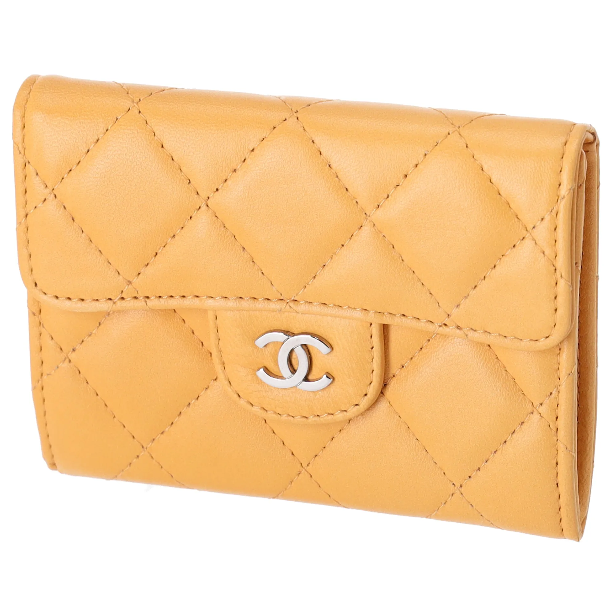 CHANEL Matelasse Business Card Holder Wallet Yellow Lambskin