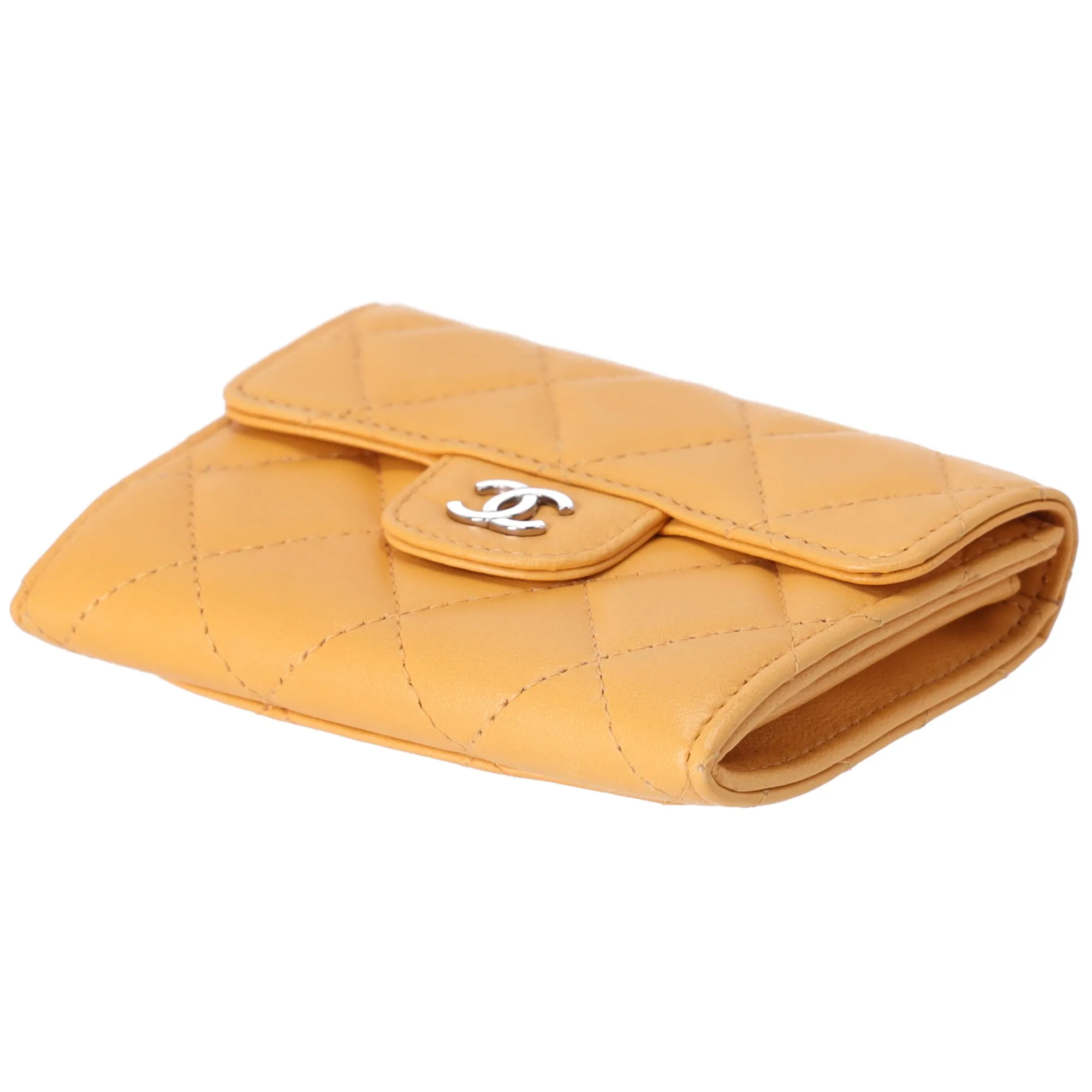 CHANEL Matelasse Business Card Holder Wallet Yellow Lambskin