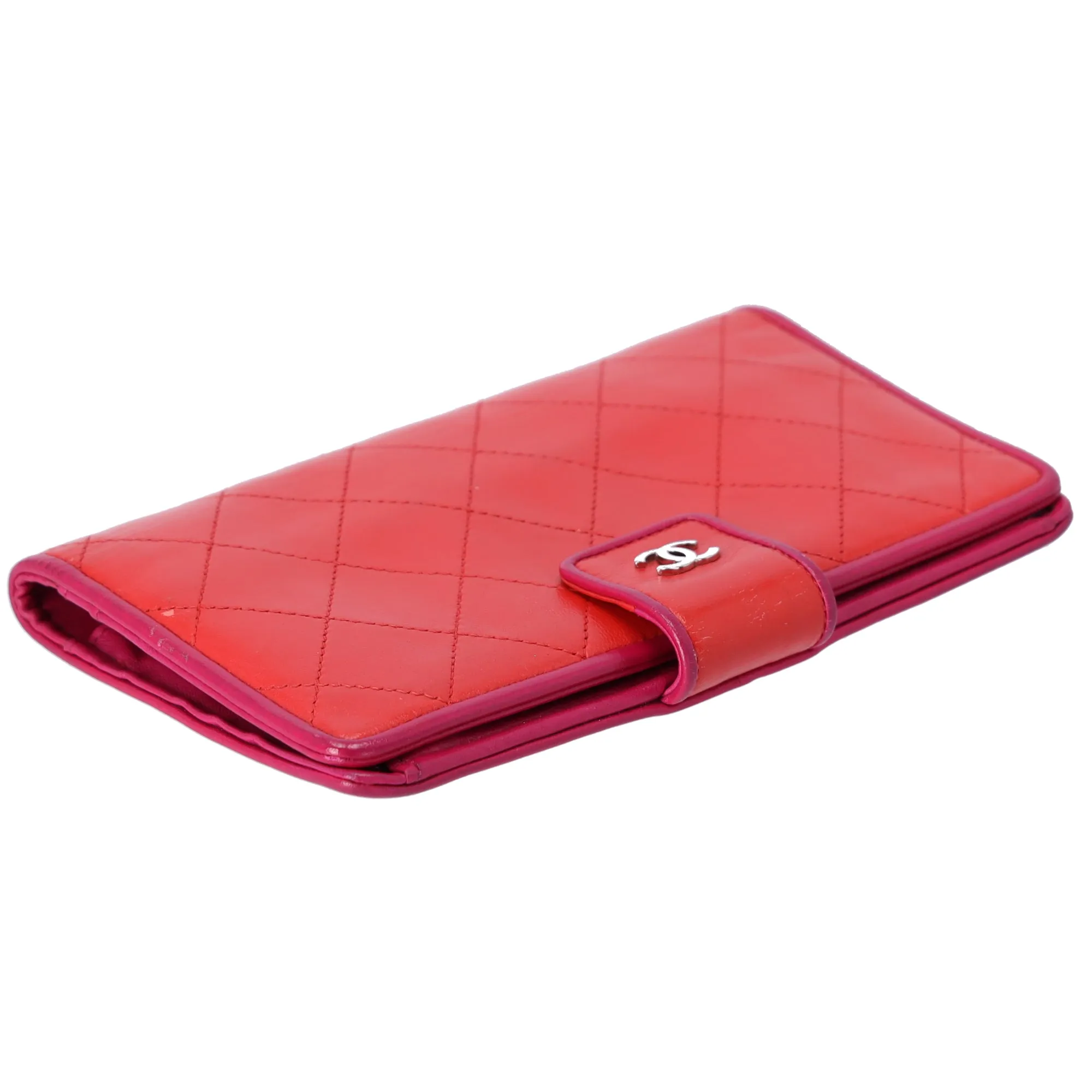 CHANEL Matelasse Long Bifold Wallet Red Pink Leather