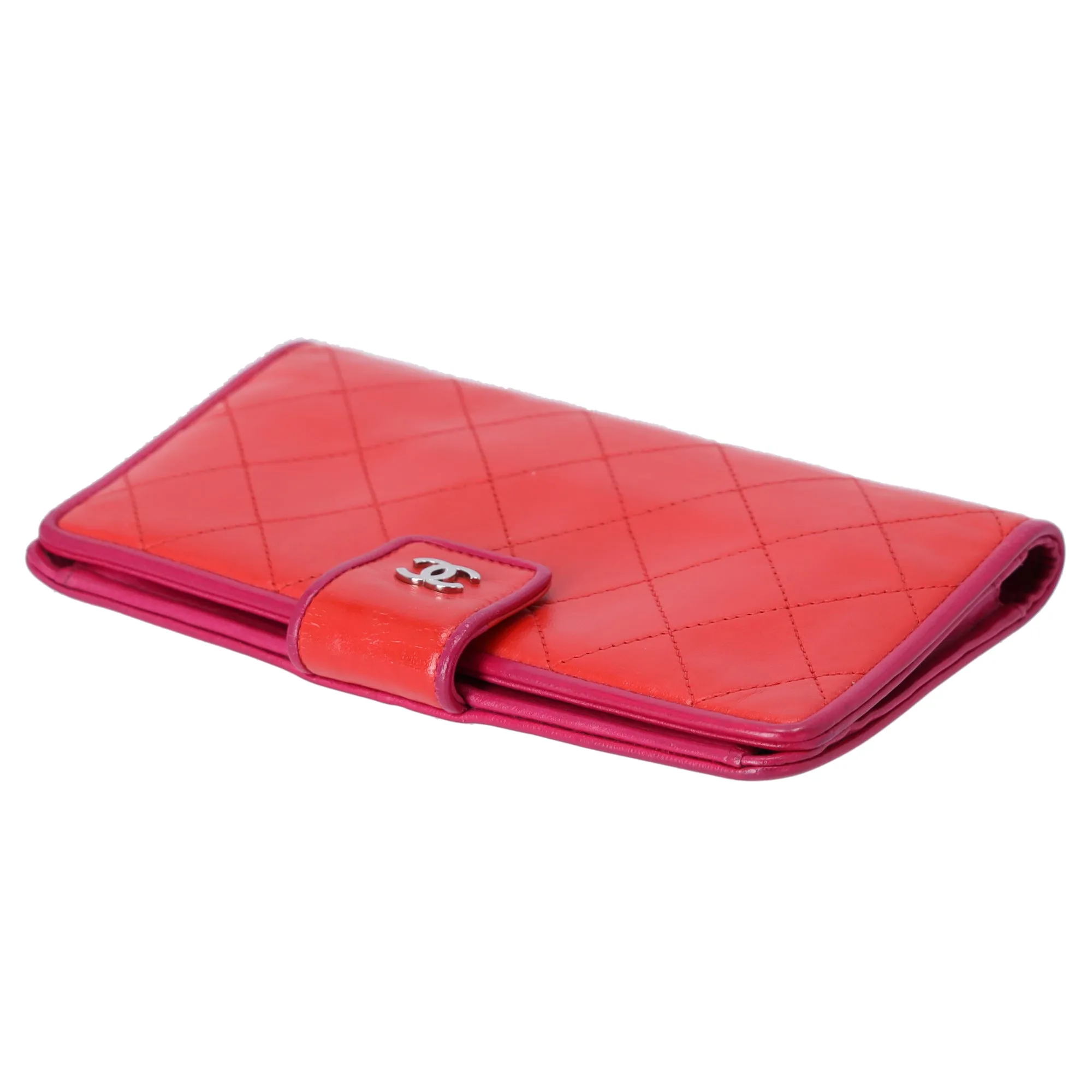 CHANEL Matelasse Long Bifold Wallet Red Pink Leather