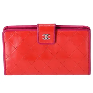 CHANEL Matelasse Long Bifold Wallet Red Pink Leather