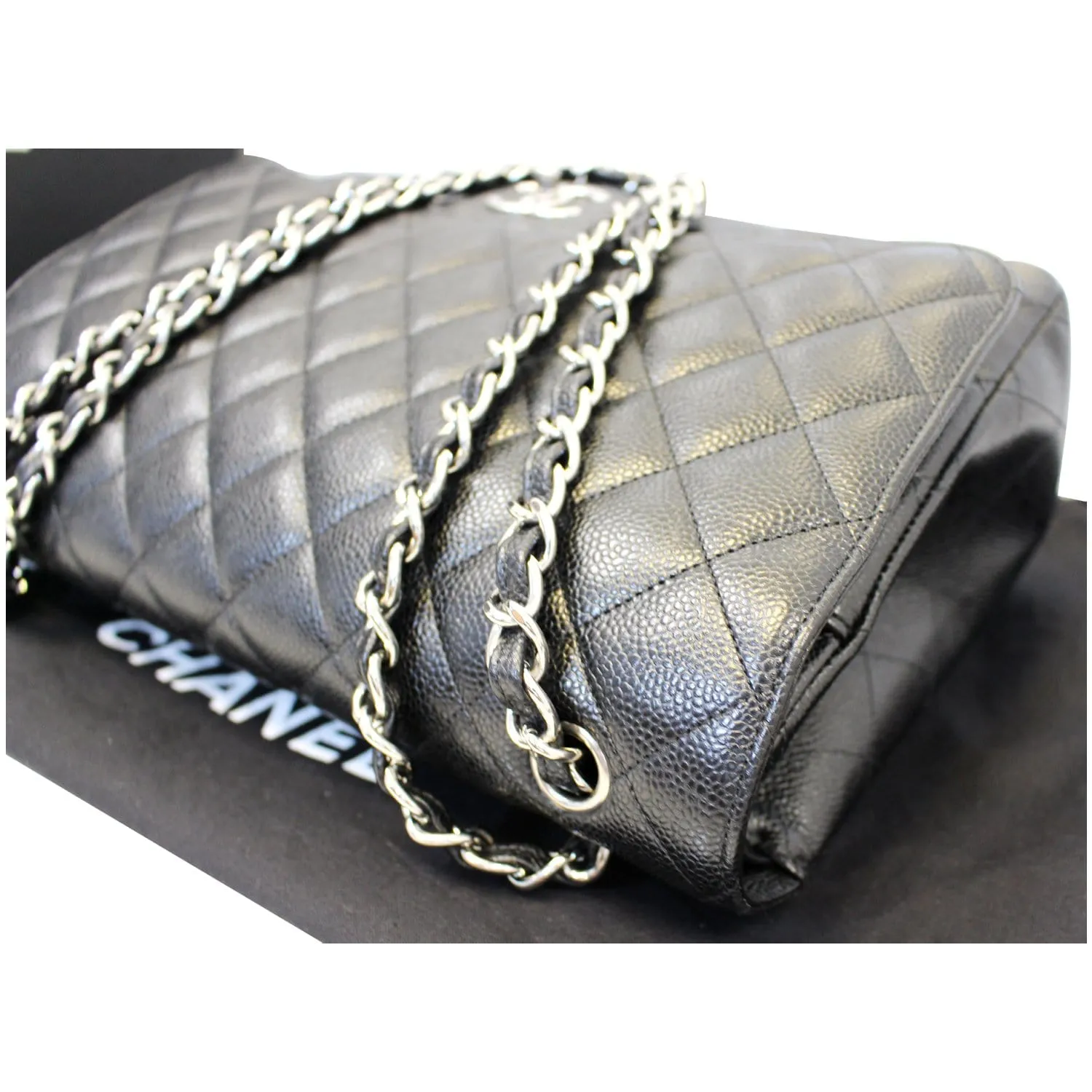 CHANEL Maxi Caviar Leather Jumbo Double Flap Shoulder Bag Black