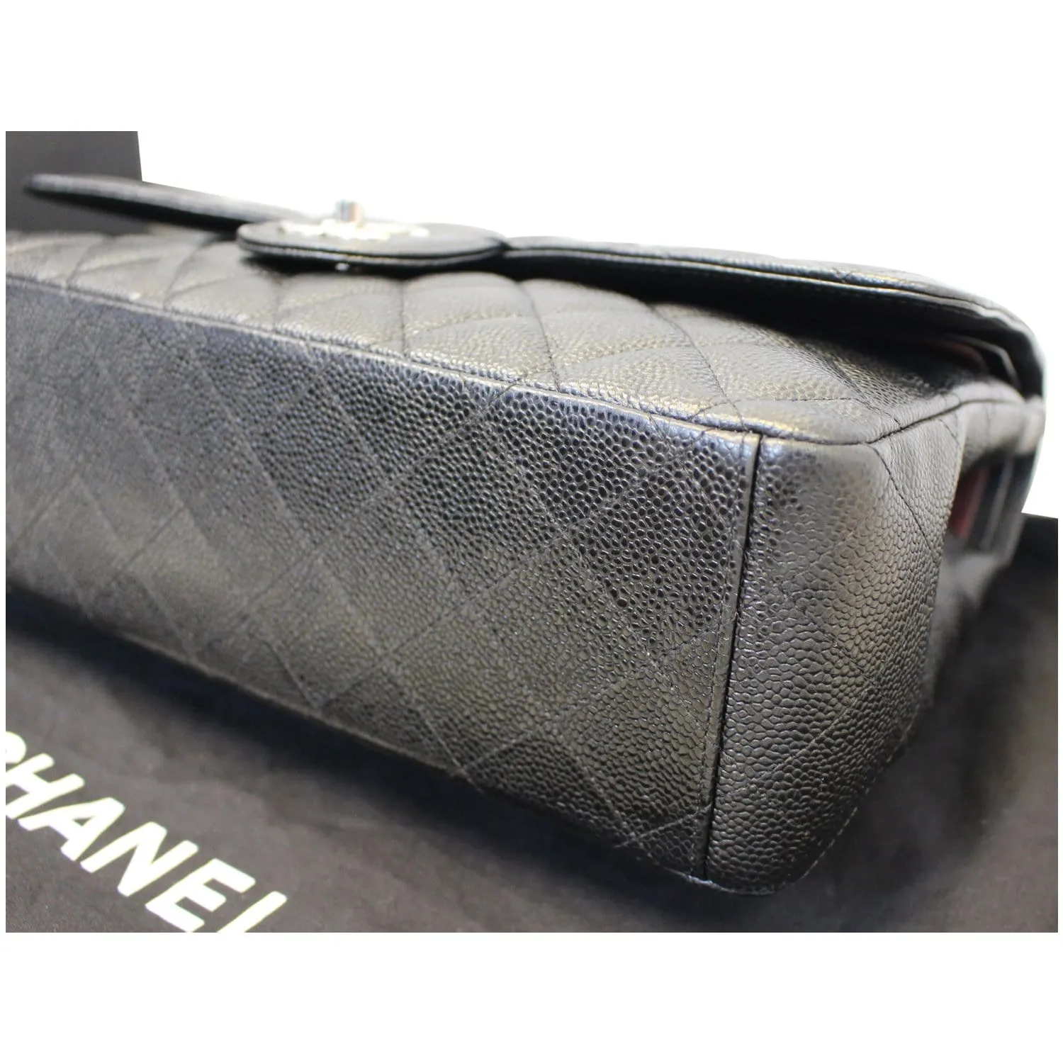 CHANEL Maxi Caviar Leather Jumbo Double Flap Shoulder Bag Black
