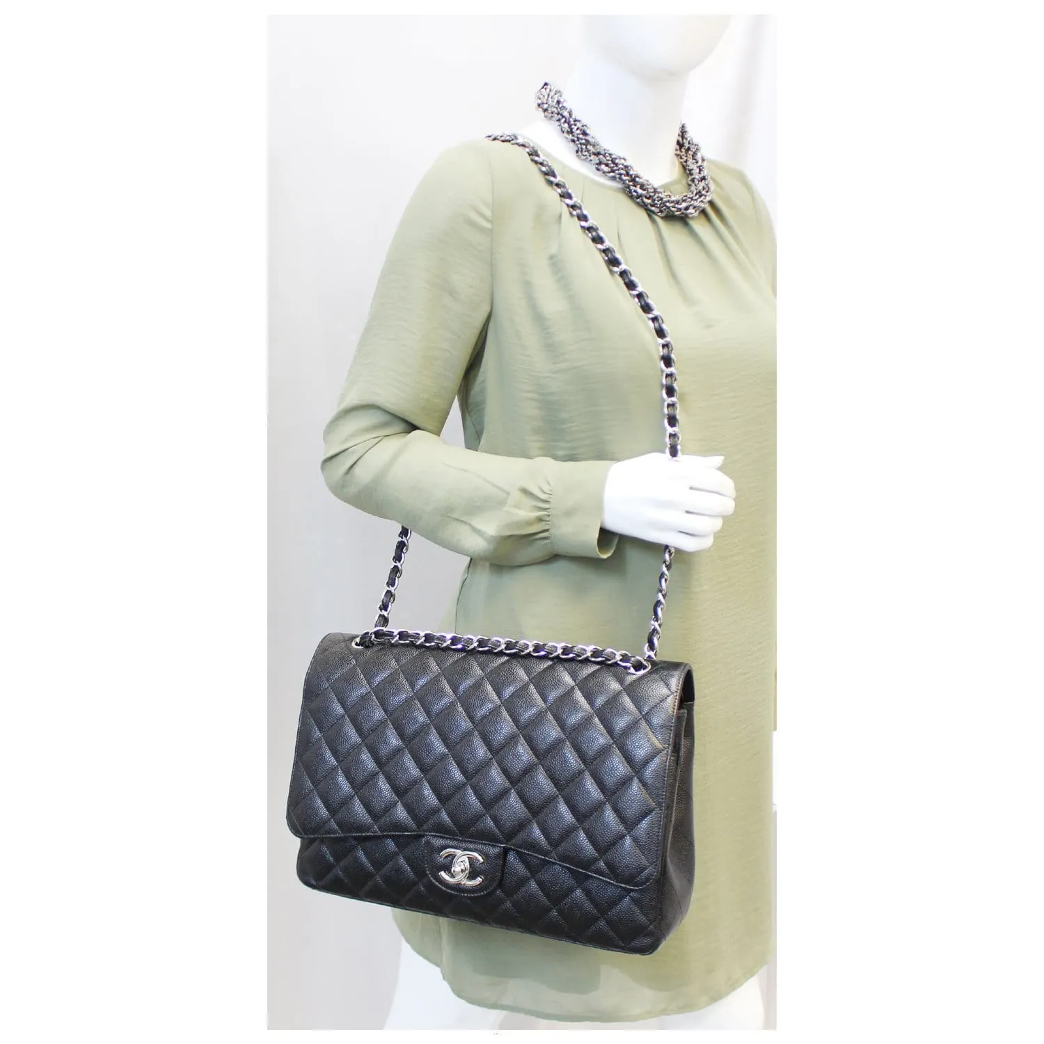 CHANEL Maxi Caviar Leather Jumbo Double Flap Shoulder Bag Black