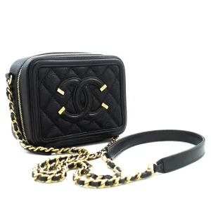 CHANEL Micro Caviar Grained Calfskin Chain Shoulder Bag Black Zip L82