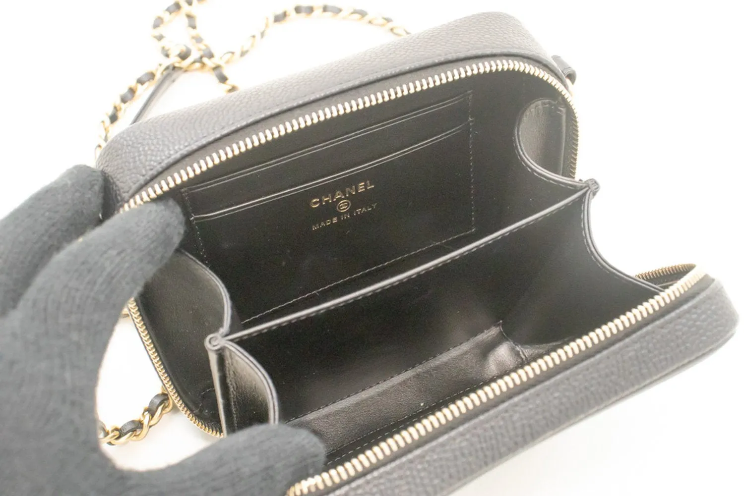CHANEL Micro Caviar Grained Calfskin Chain Shoulder Bag Black Zip L82
