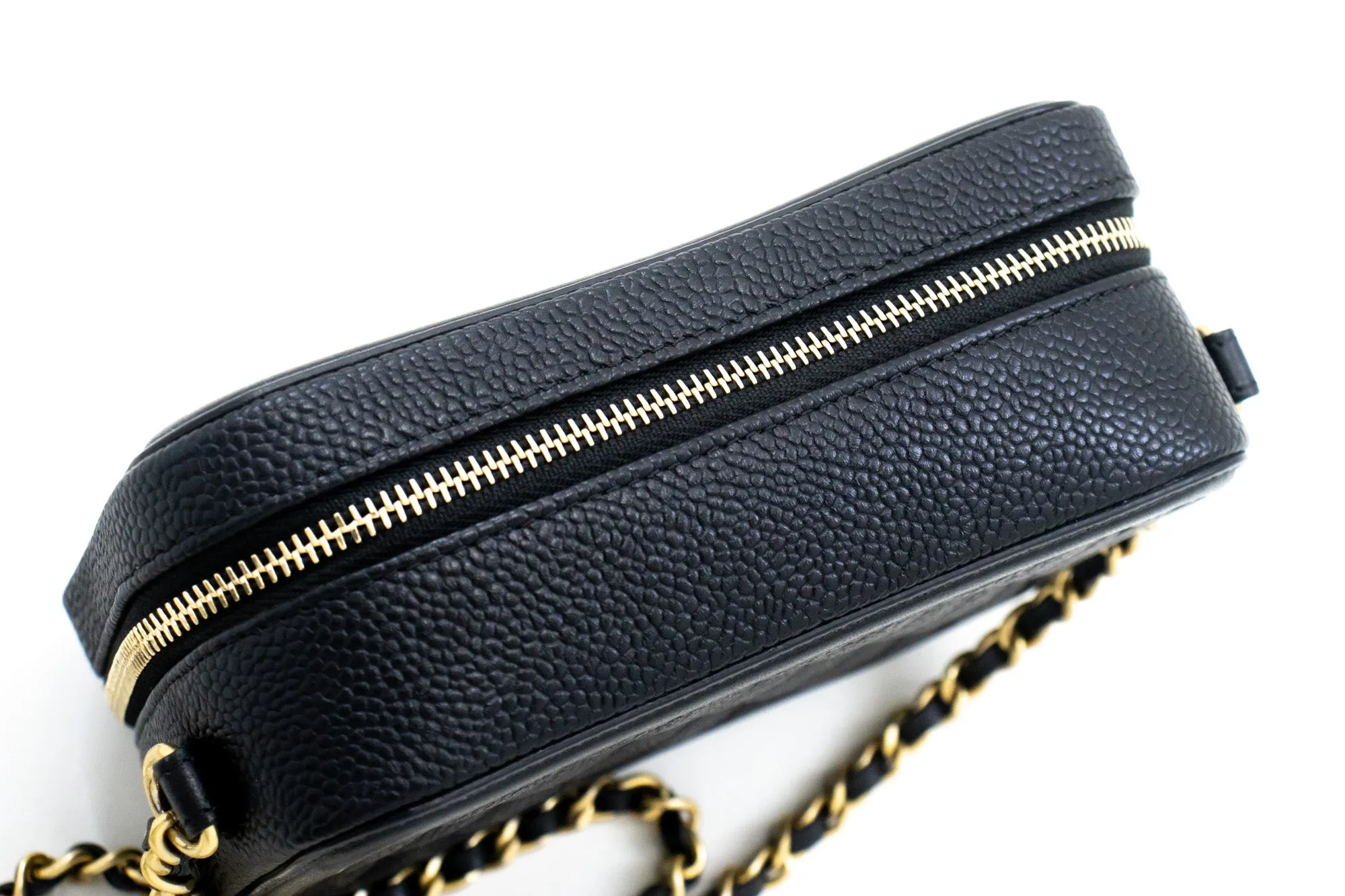CHANEL Micro Caviar Grained Calfskin Chain Shoulder Bag Black Zip L82