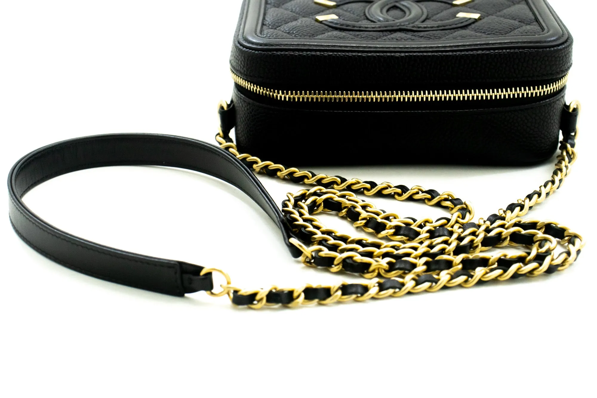 CHANEL Micro Caviar Grained Calfskin Chain Shoulder Bag Black Zip L82