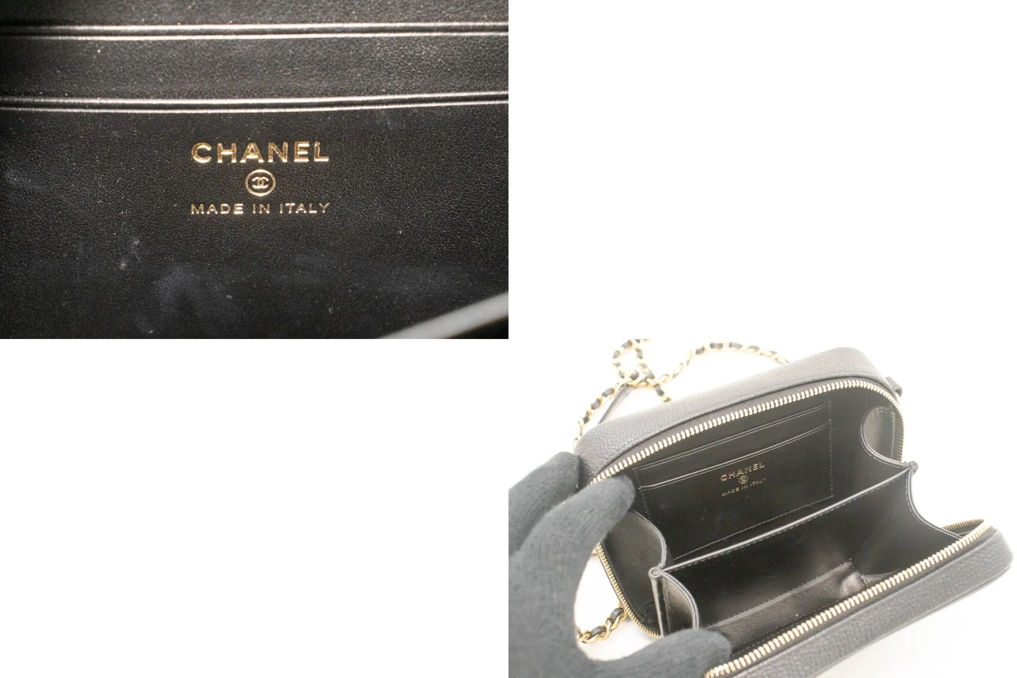 CHANEL Micro Caviar Grained Calfskin Chain Shoulder Bag Black Zip L82