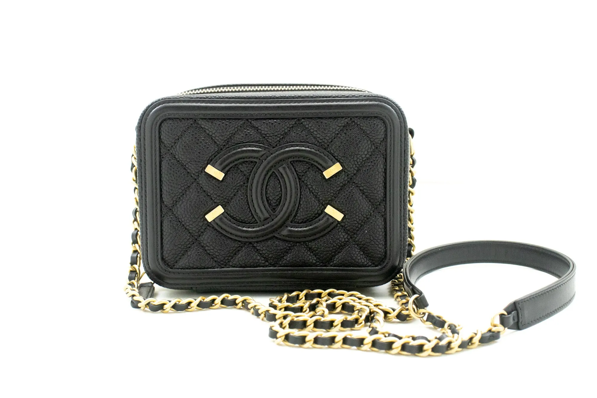 CHANEL Micro Caviar Grained Calfskin Chain Shoulder Bag Black Zip L82