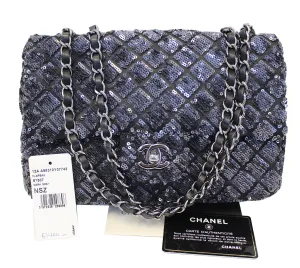 CHANEL Navy Blue/Dark Grey Sequin Flap Shoulder Bag Limited Edition