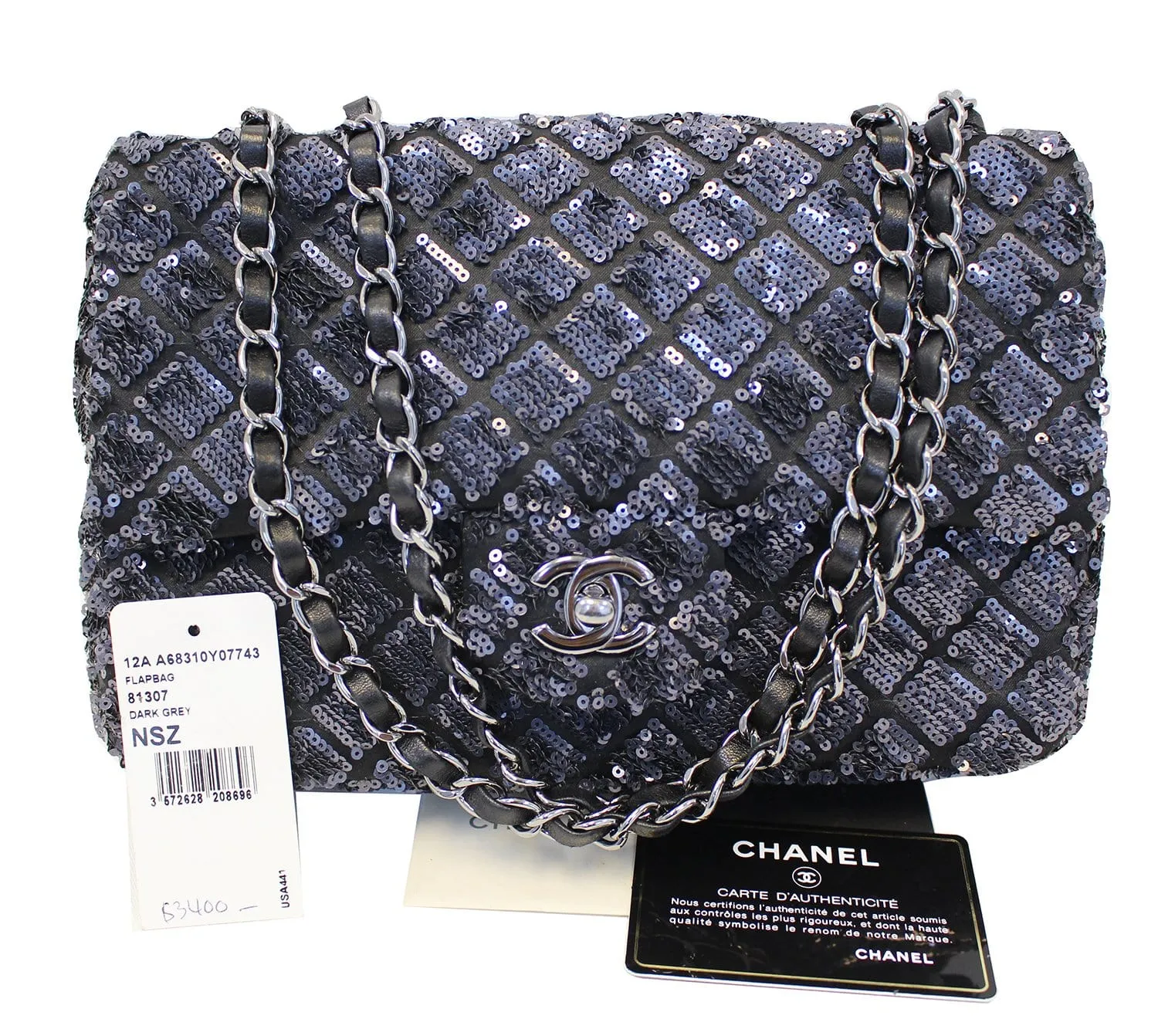 CHANEL Navy Blue/Dark Grey Sequin Flap Shoulder Bag Limited Edition