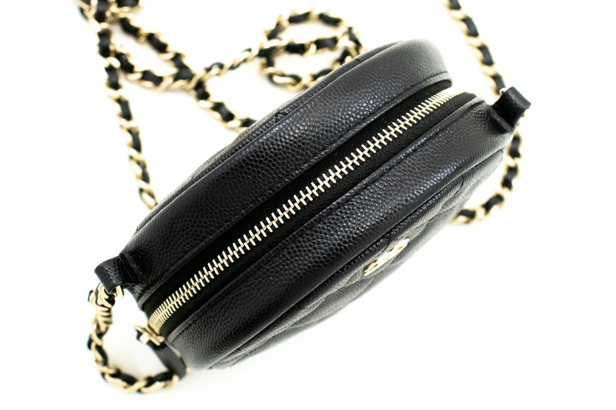 CHANEL Round Zip Caviar Small Chain Shoulder Bag Black Quilted m55
