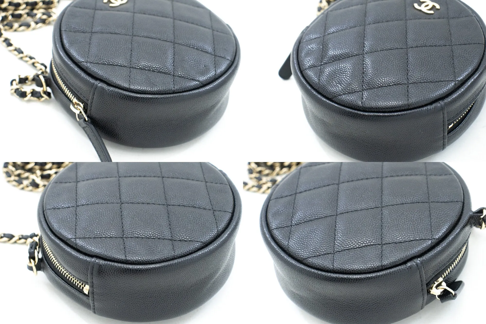 CHANEL Round Zip Caviar Small Chain Shoulder Bag Black Quilted m55