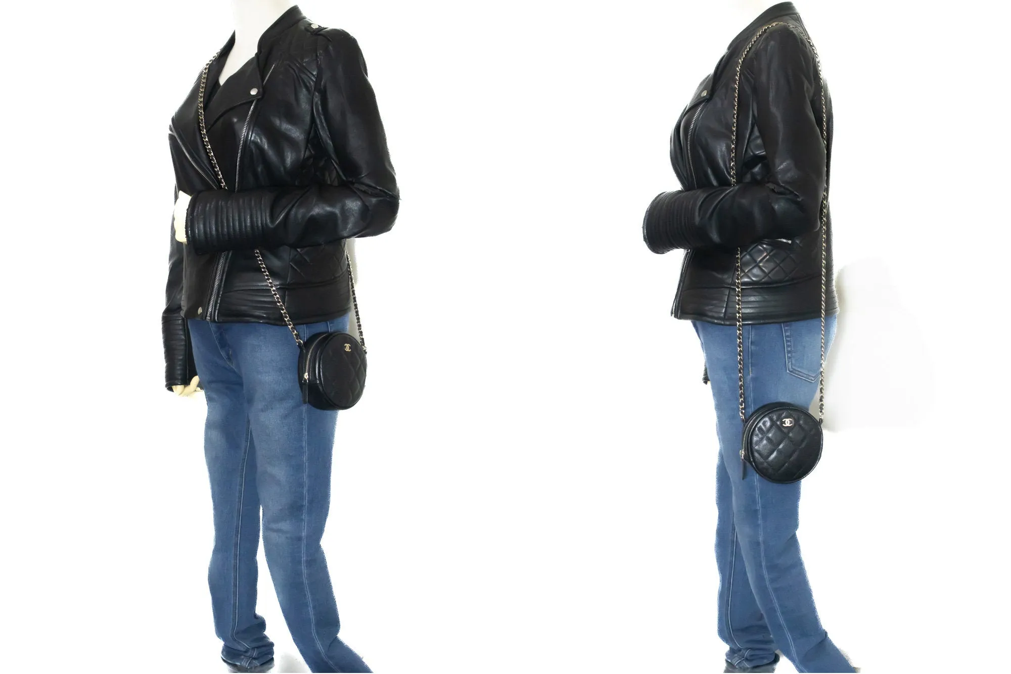 CHANEL Round Zip Caviar Small Chain Shoulder Bag Black Quilted m55