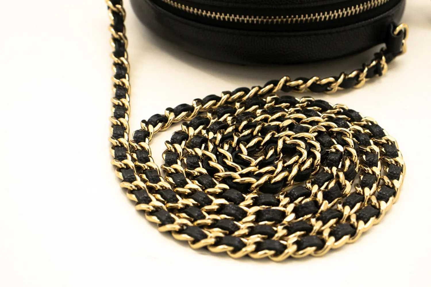CHANEL Round Zip Caviar Small Chain Shoulder Bag Black Quilted m55