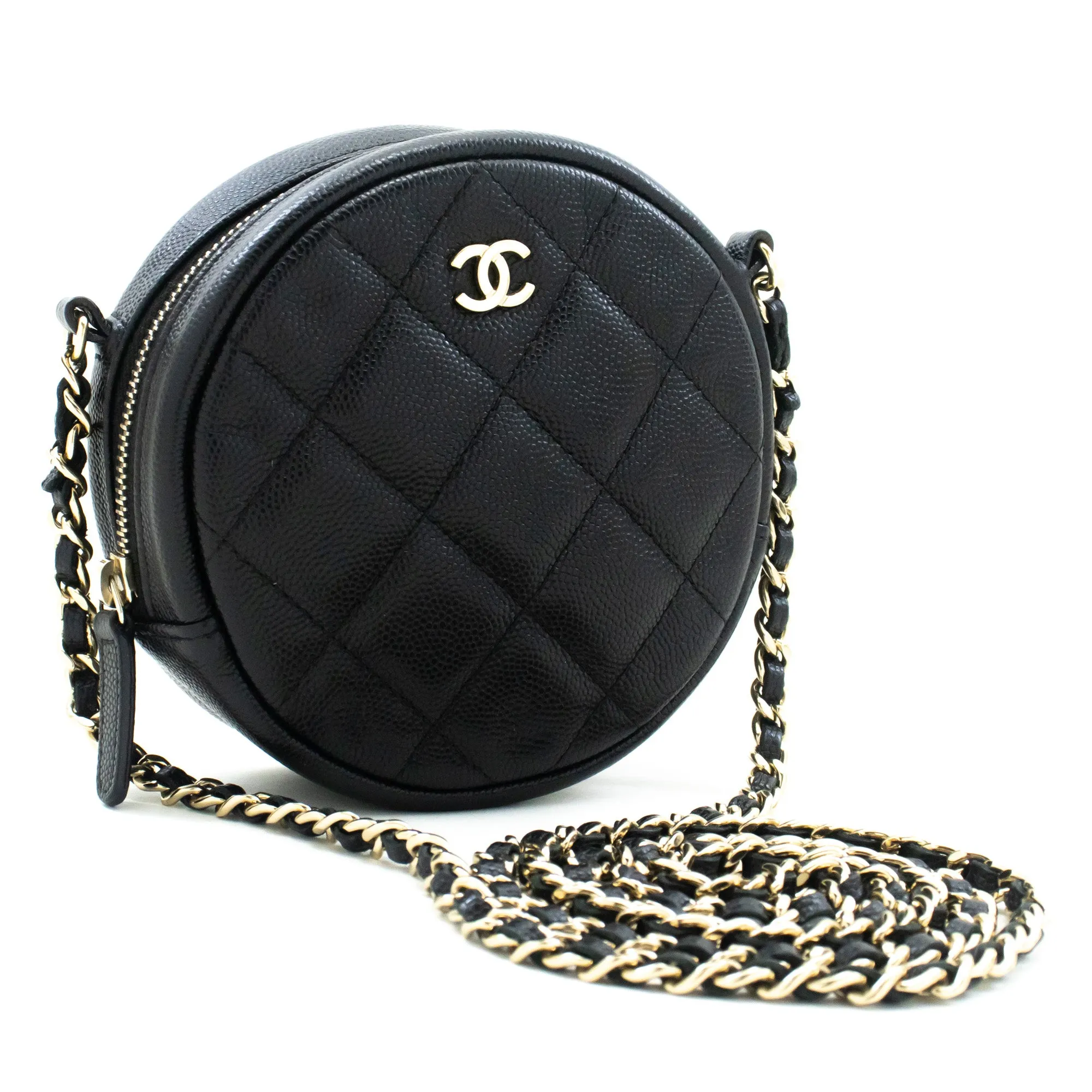 CHANEL Round Zip Caviar Small Chain Shoulder Bag Black Quilted m55