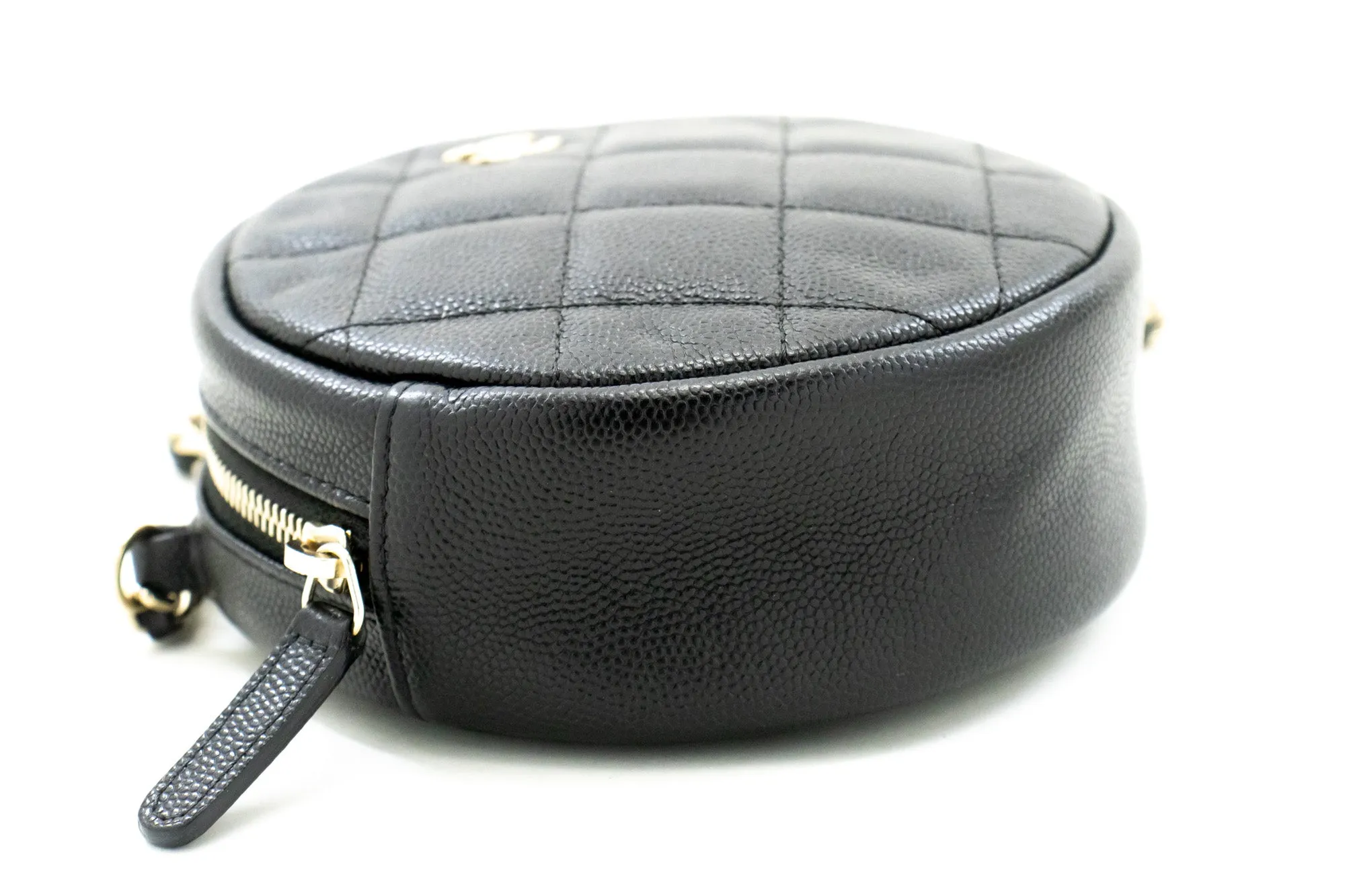 CHANEL Round Zip Caviar Small Chain Shoulder Bag Black Quilted m55