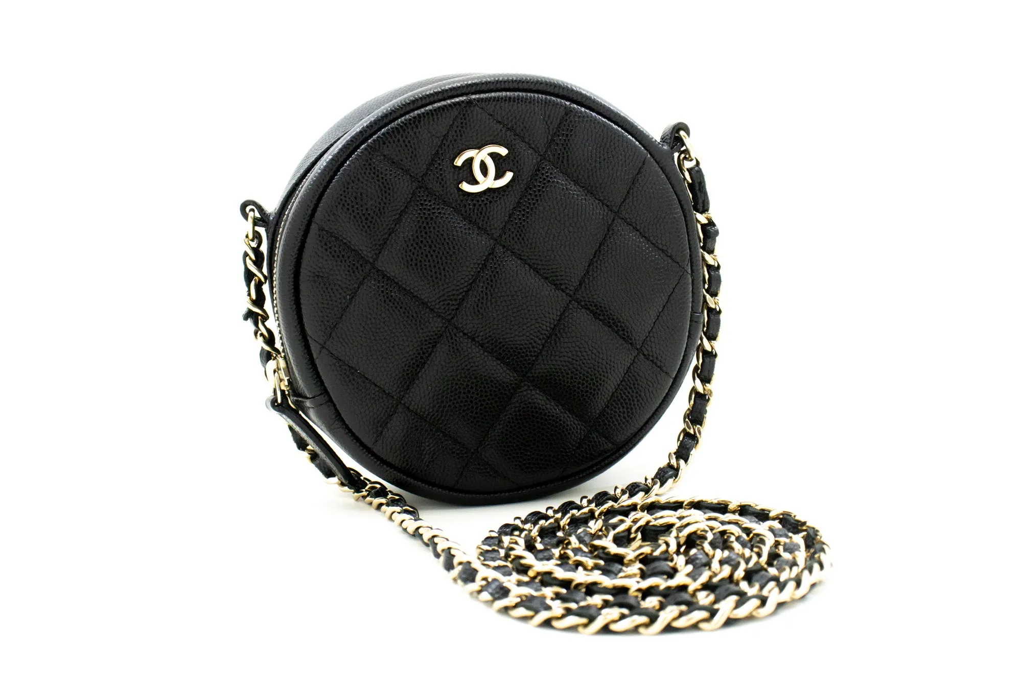 CHANEL Round Zip Caviar Small Chain Shoulder Bag Black Quilted m55