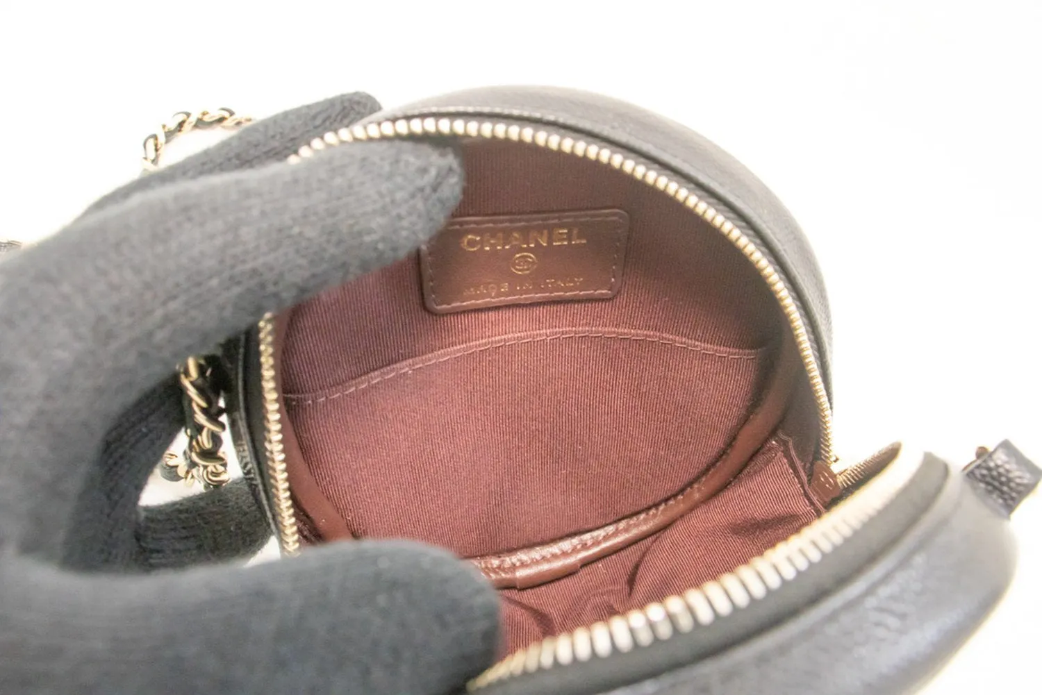 CHANEL Round Zip Caviar Small Chain Shoulder Bag Black Quilted m55