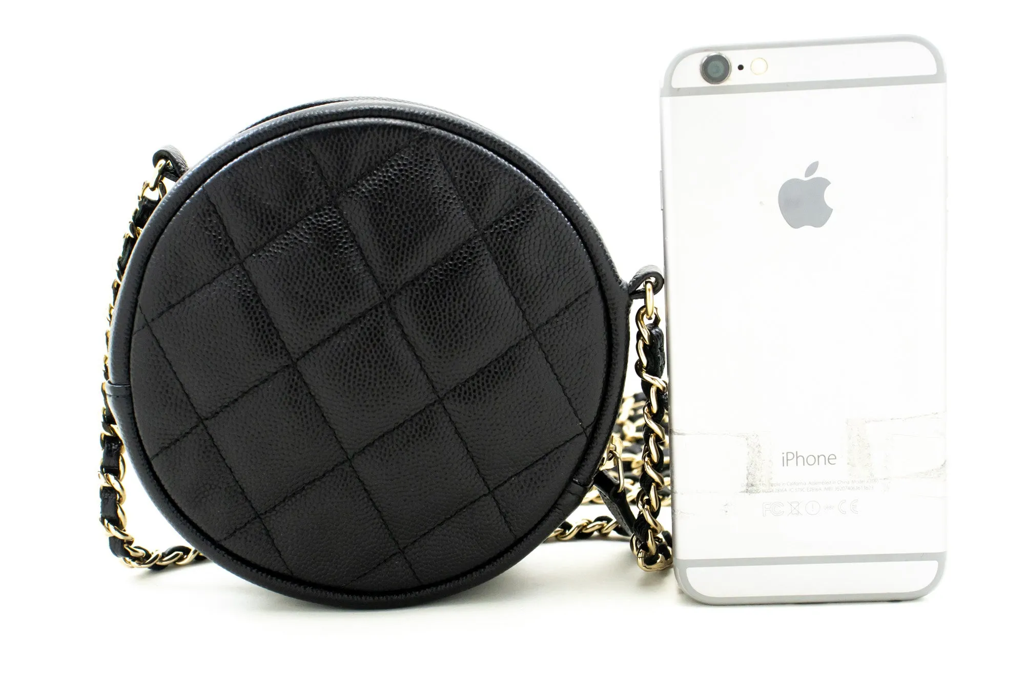 CHANEL Round Zip Caviar Small Chain Shoulder Bag Black Quilted m55