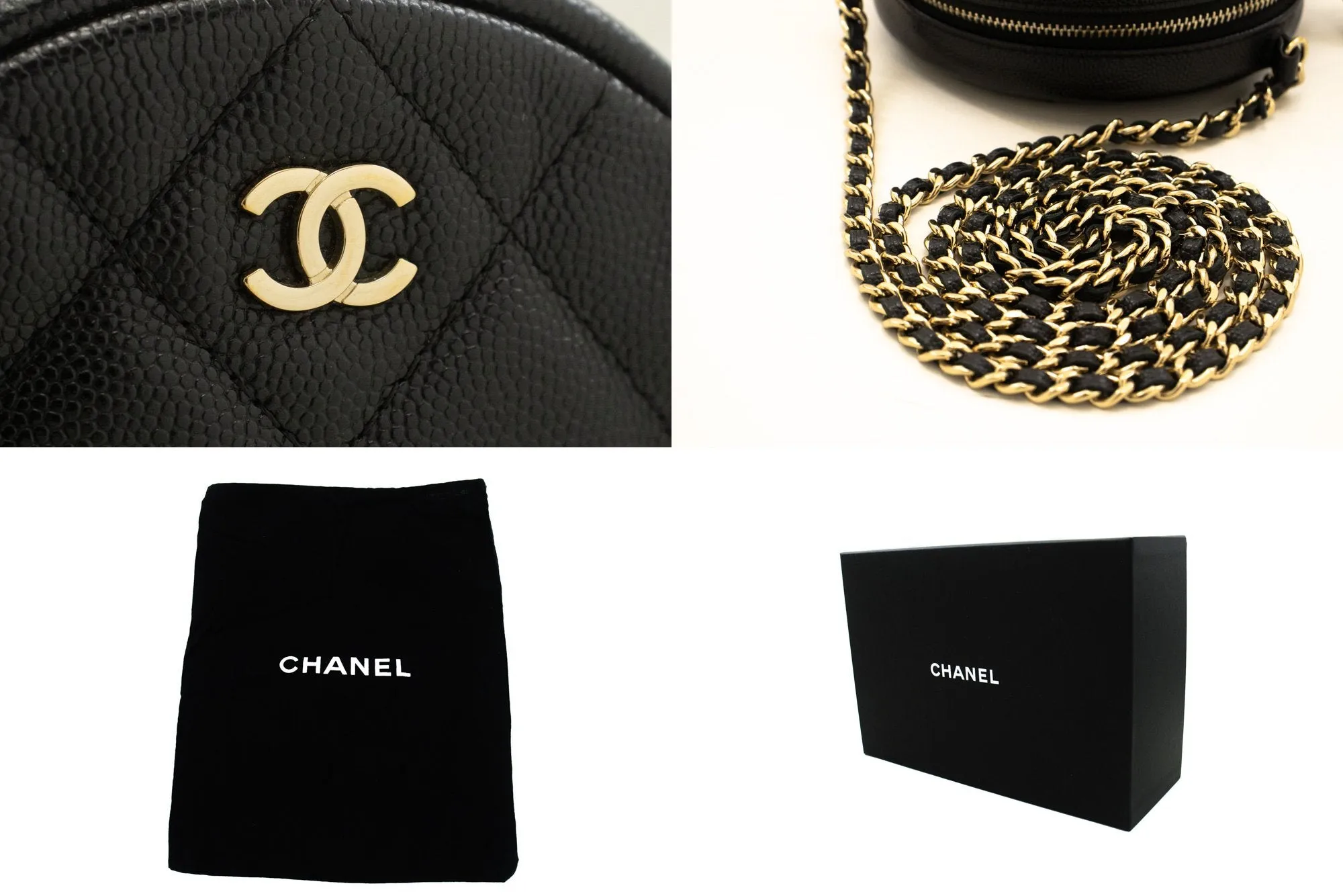 CHANEL Round Zip Caviar Small Chain Shoulder Bag Black Quilted m55