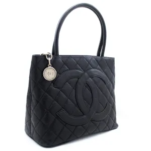 CHANEL Silver Medallion Caviar Shoulder Bag Shopping Tote Black n60